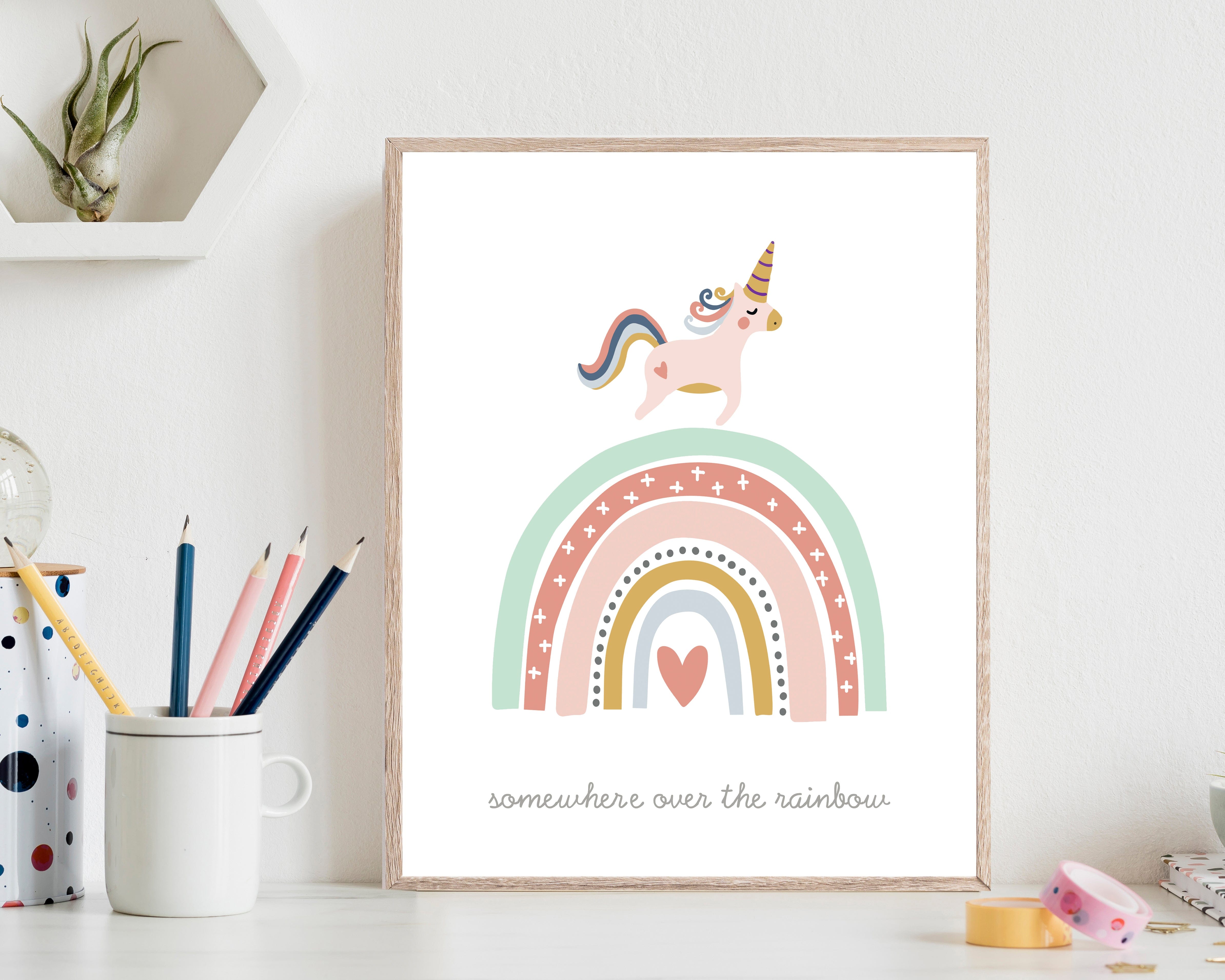 nursery art print baby nursery bedroom decor Baby Unicorn and rainbow printable - Girl rainbow print - Unicorn nursery wall art - Rainbow art print - Somewhere over the rainbow - H2190