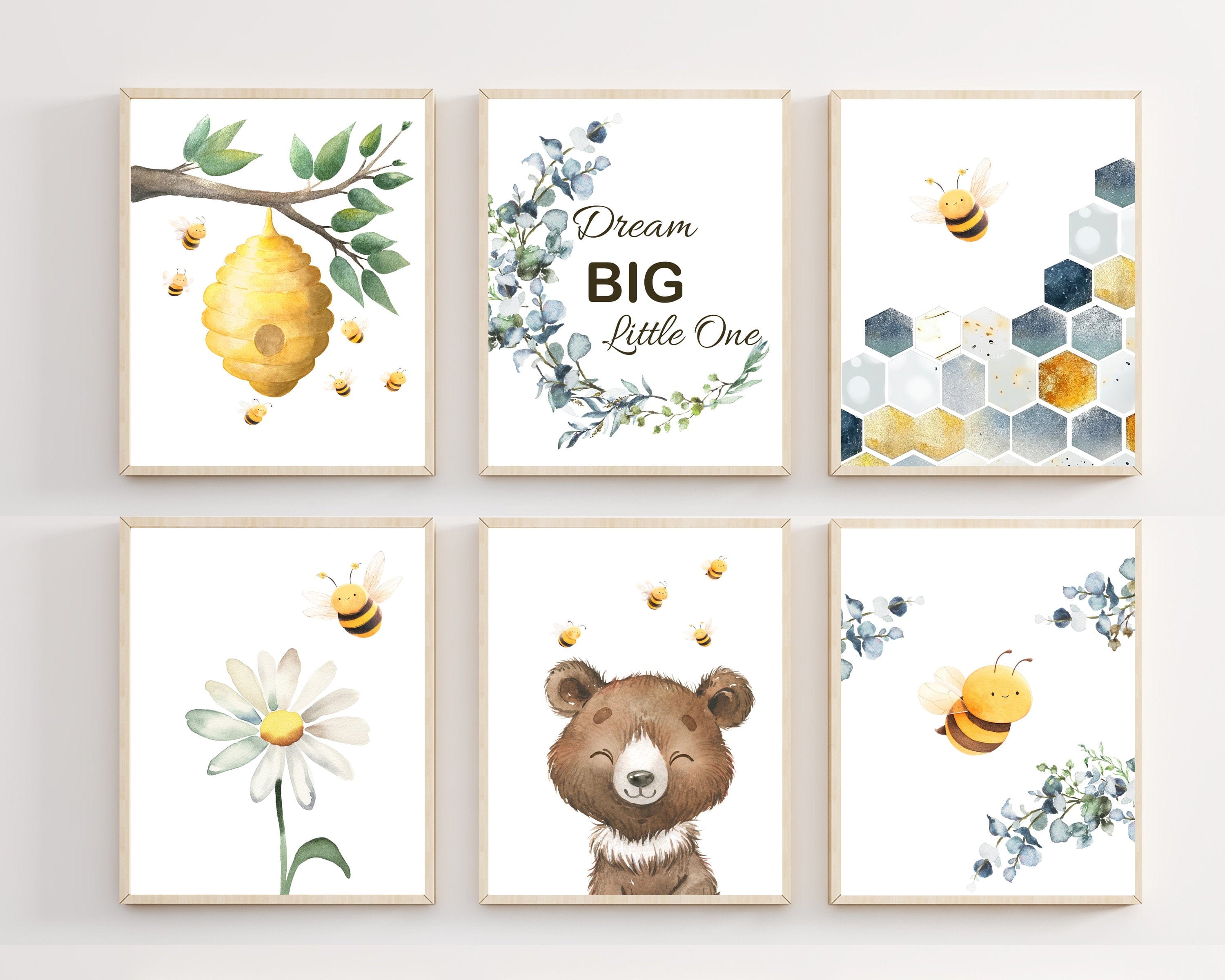 nursery art print baby nursery bedroom decor Bear and Bee nursery prints - Bee nursery wall art - Blue and Yellow nursery - Honey Bee nursery - Bumble Bee decor - Bear nursery decor