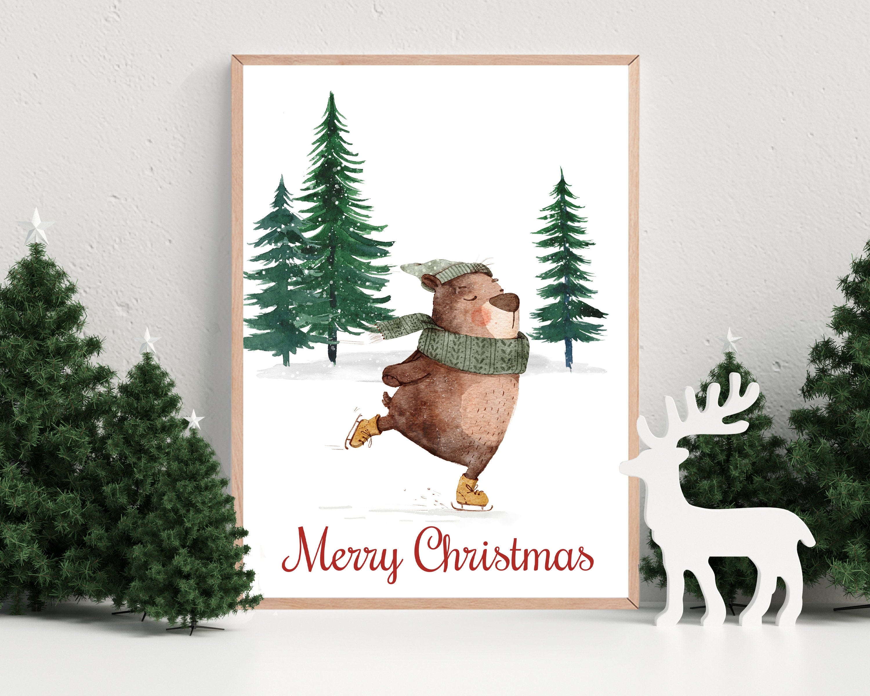 nursery art print baby nursery bedroom decor Christmas Print, Kids Room Xmas Decor, Playroom Printable Wall Art, Merry Christmas, Ice skating bear, Christmas Decor, Digital, H2618