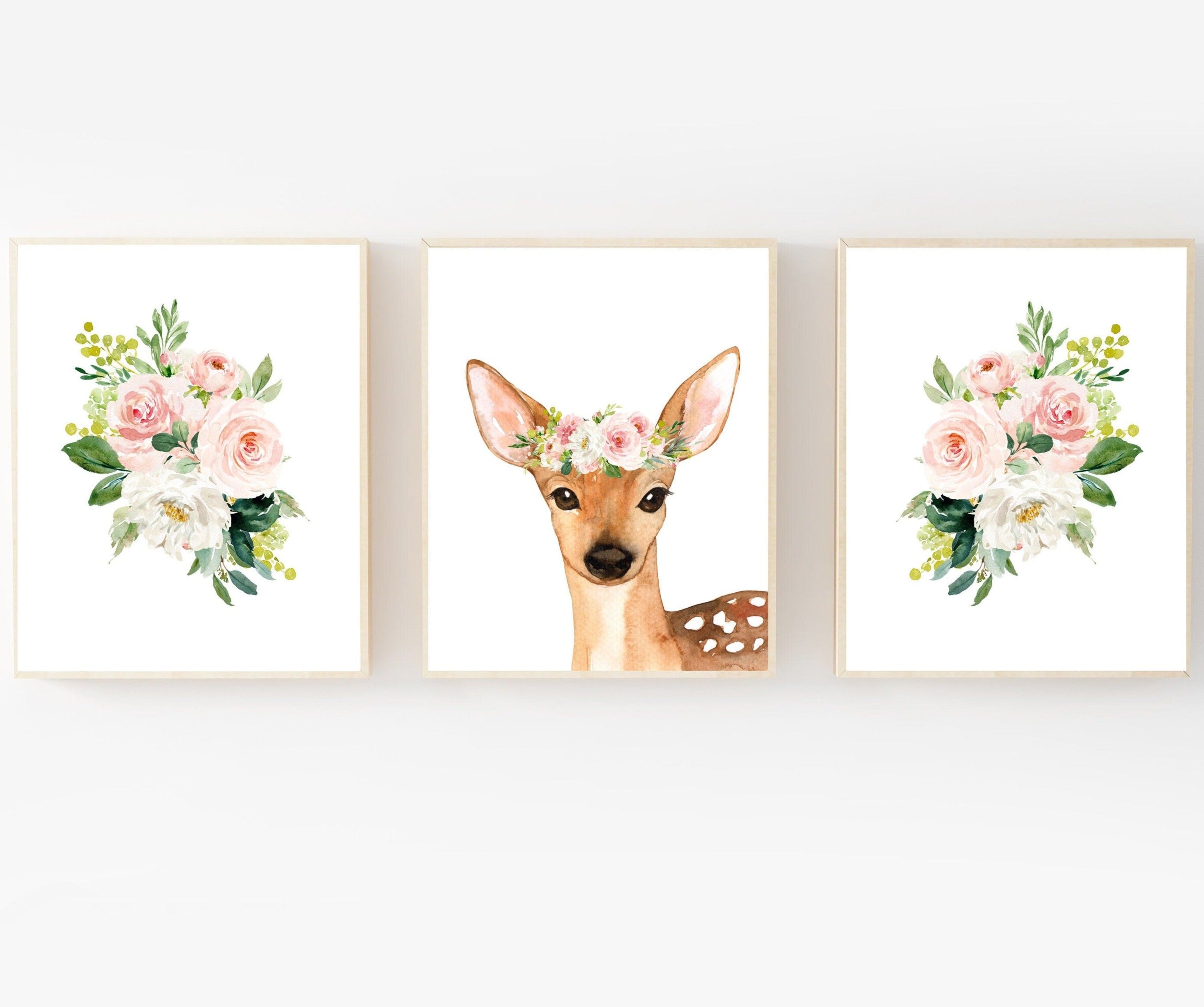 nursery art print baby nursery bedroom decor Nursery decor - Deer nursery print - nursery wall art - Flower crown - Baby girl nursery prints - Printable blush pink wall art - H2096
