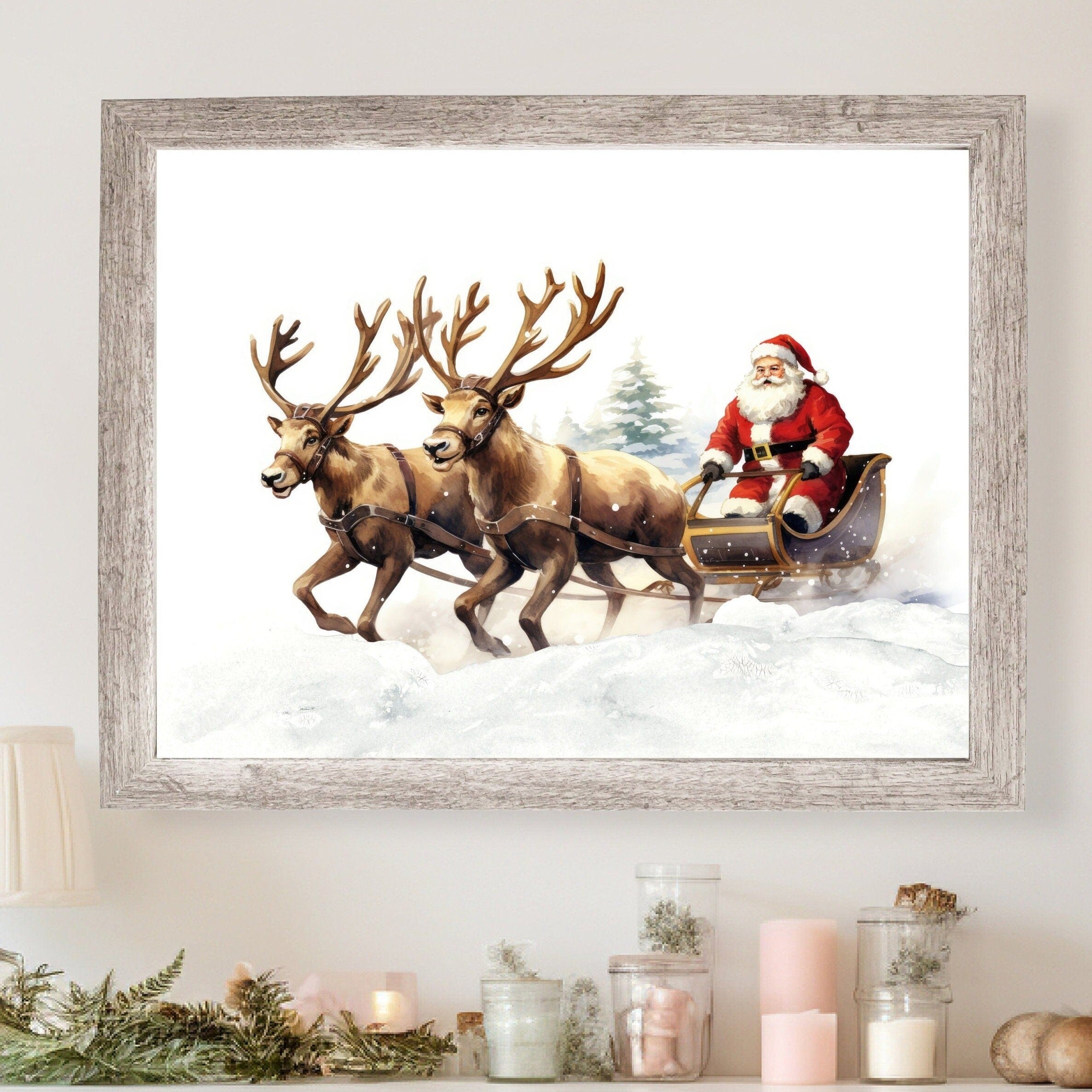 nursery art print baby nursery bedroom decor Santa Clause - Santa and His Sleigh Christmas Wall Art - Santa Poster - Christmas Decor - Santa's reindeer wall art - H2949
