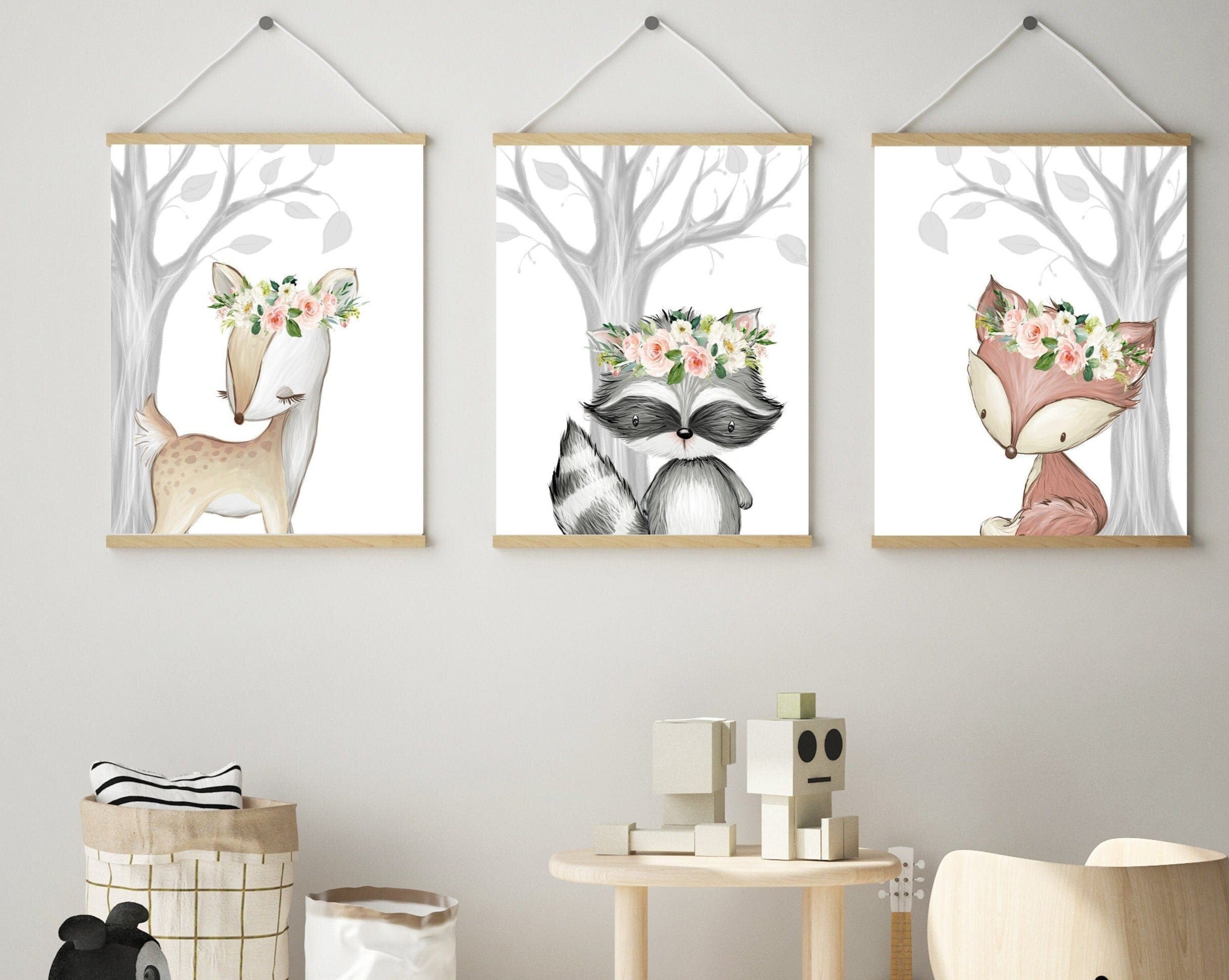 nursery art print baby nursery bedroom decor Woodland nursery decor - Baby girl nursery - Printable wall art - Woodland animals - Pink blush flowers - Animal art prints  - H2150