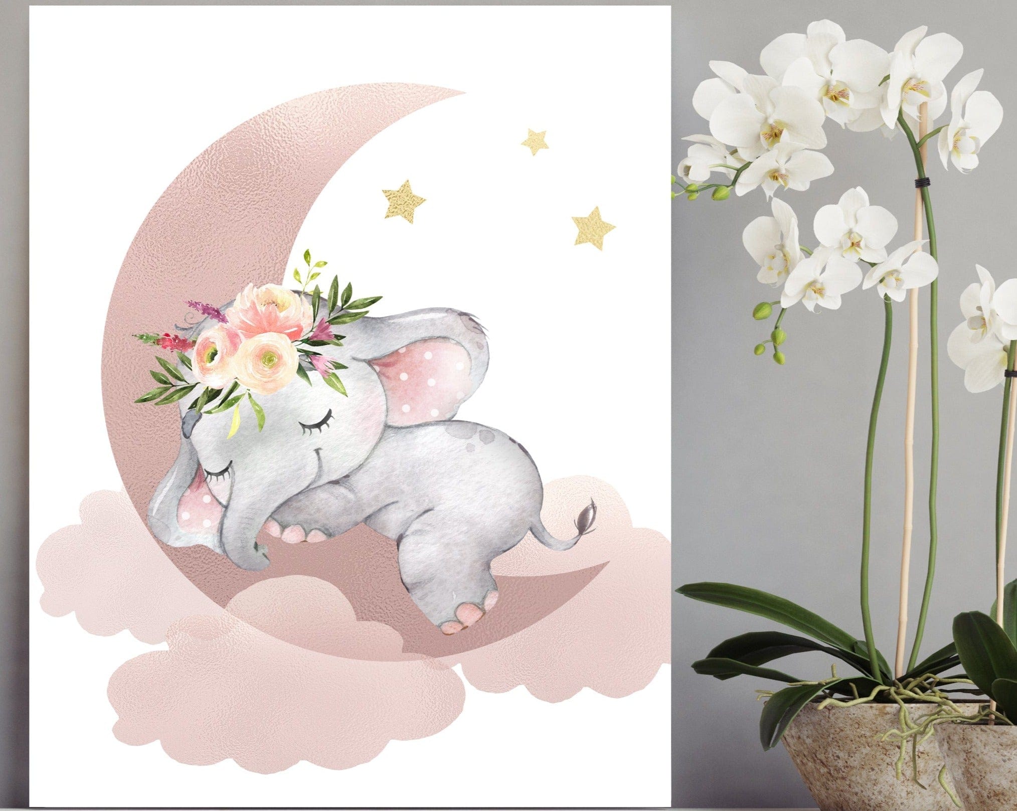 nursery art print baby nursery bedroom decor Baby Elephant print - Nursery Elephant decor - Elephant nursery art - Pink and Gold nursery - Moon nursery decor - Girls room decor - H2680