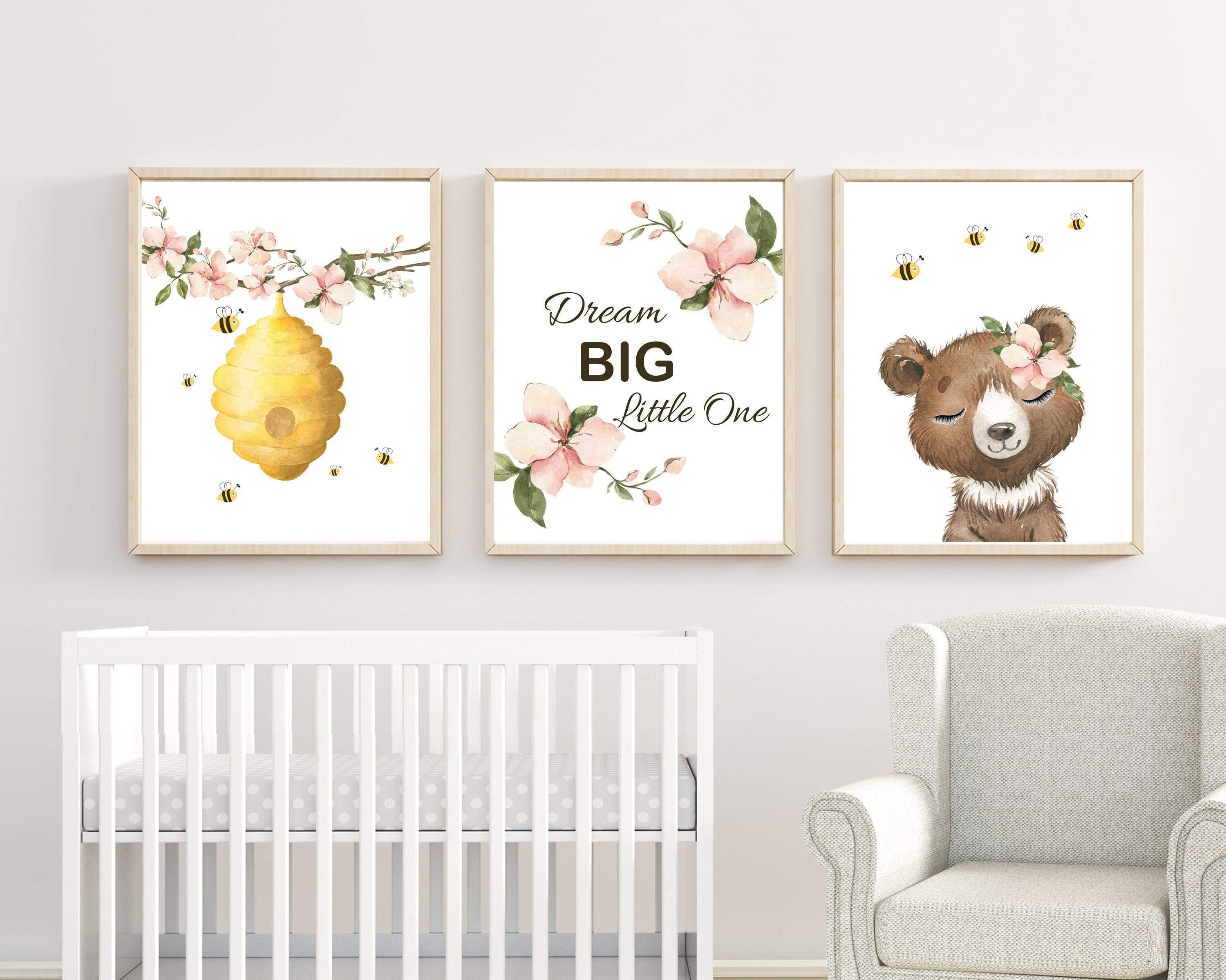 Bumble Bee nursery decor - Bear and bee - Honey bee nursery - Girl nursery decor - Bumble bee wall art - Pink nursery decor - Bee art print nursery art print baby nursery bedroom decor