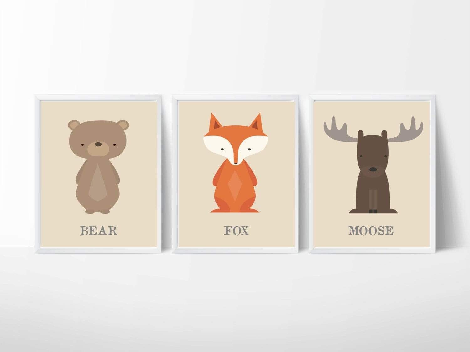 nursery art print baby nursery bedroom decor Fox, Moose and Bear Nursery Art, Baby Boy Woodland Art, Instant Download - Set of 3 -A3 size prints- H904