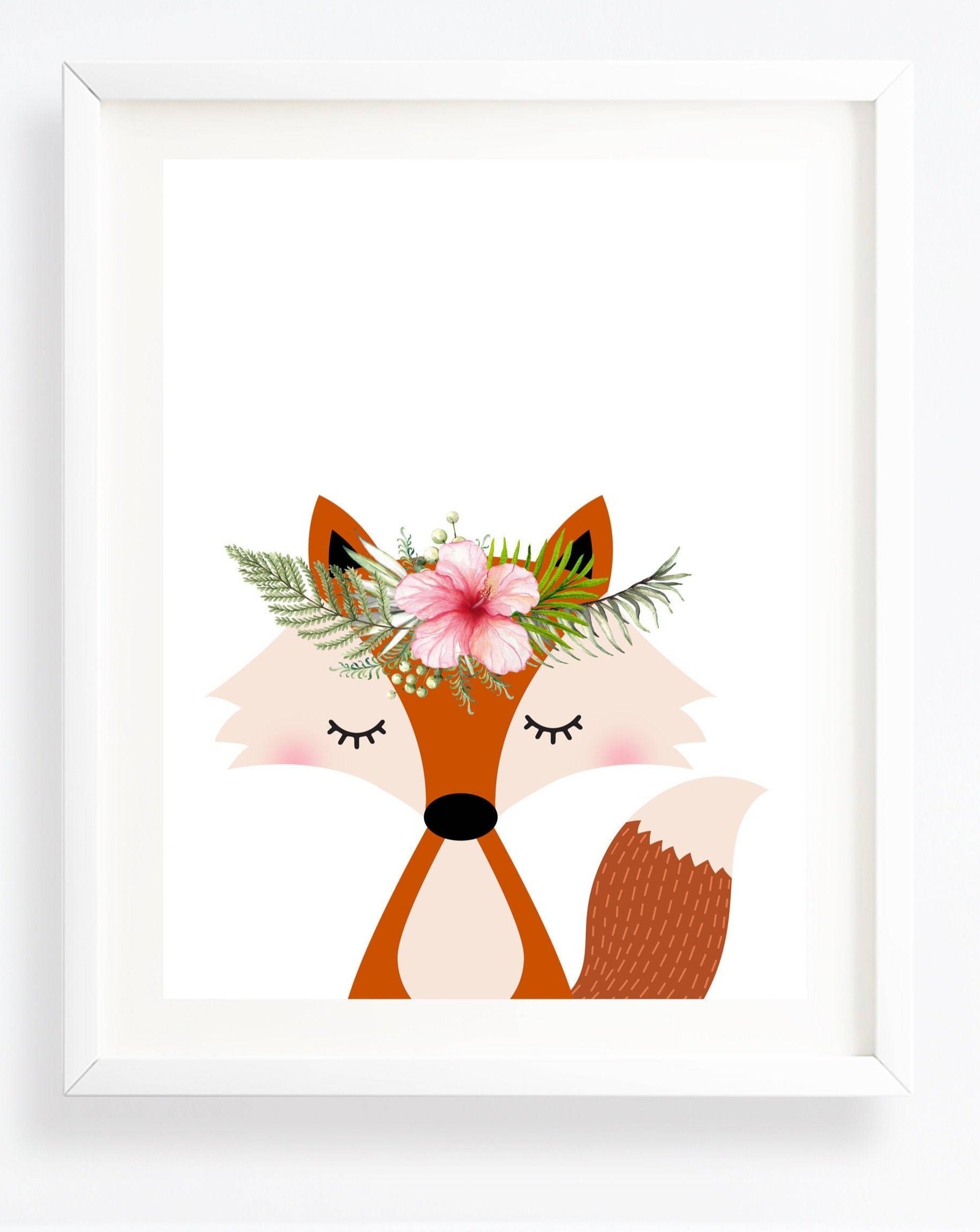 nursery art print baby nursery bedroom decor Fox print - Woodland nursery - Woodland decor - Nursery animals - Printable nursery art - Nursery wall art - Flower crown animals -H1940-C