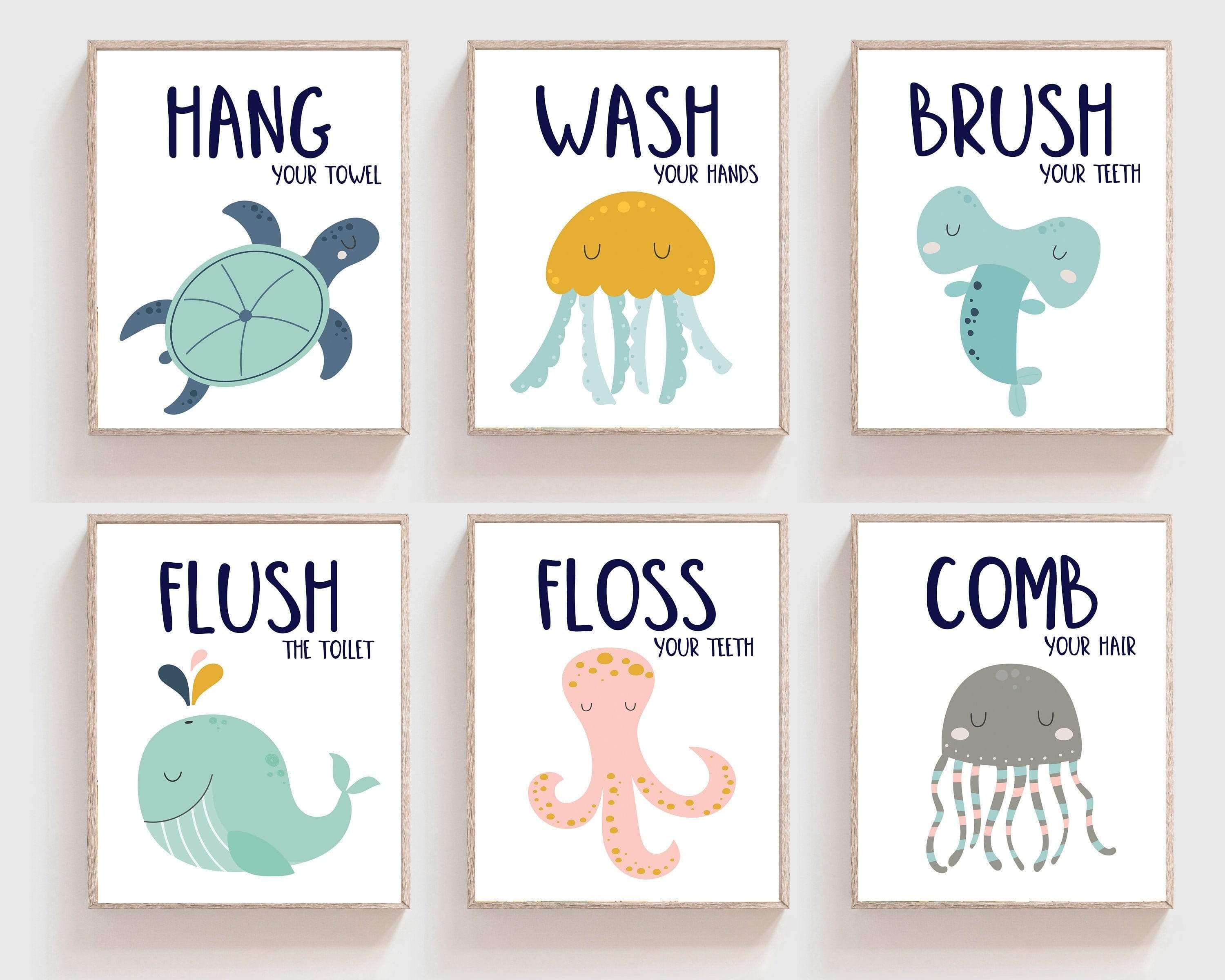 Kids bathroom decor - Brush your teeth - Wash your hands - Hang your towel - Flush the toilet - Bathroom rules - Kids bathroom wall art nursery art print baby nursery bedroom decor