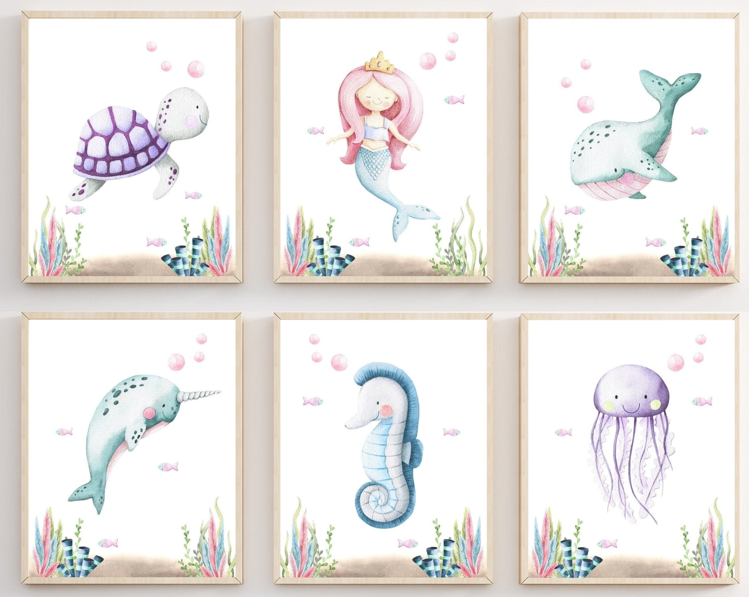 Nursery ocean prints - Girls room decor - Mermaid and Sea animals wall art - Ocean nursery prints - Under the sea wall art - Sea watercolor nursery art print baby nursery bedroom decor