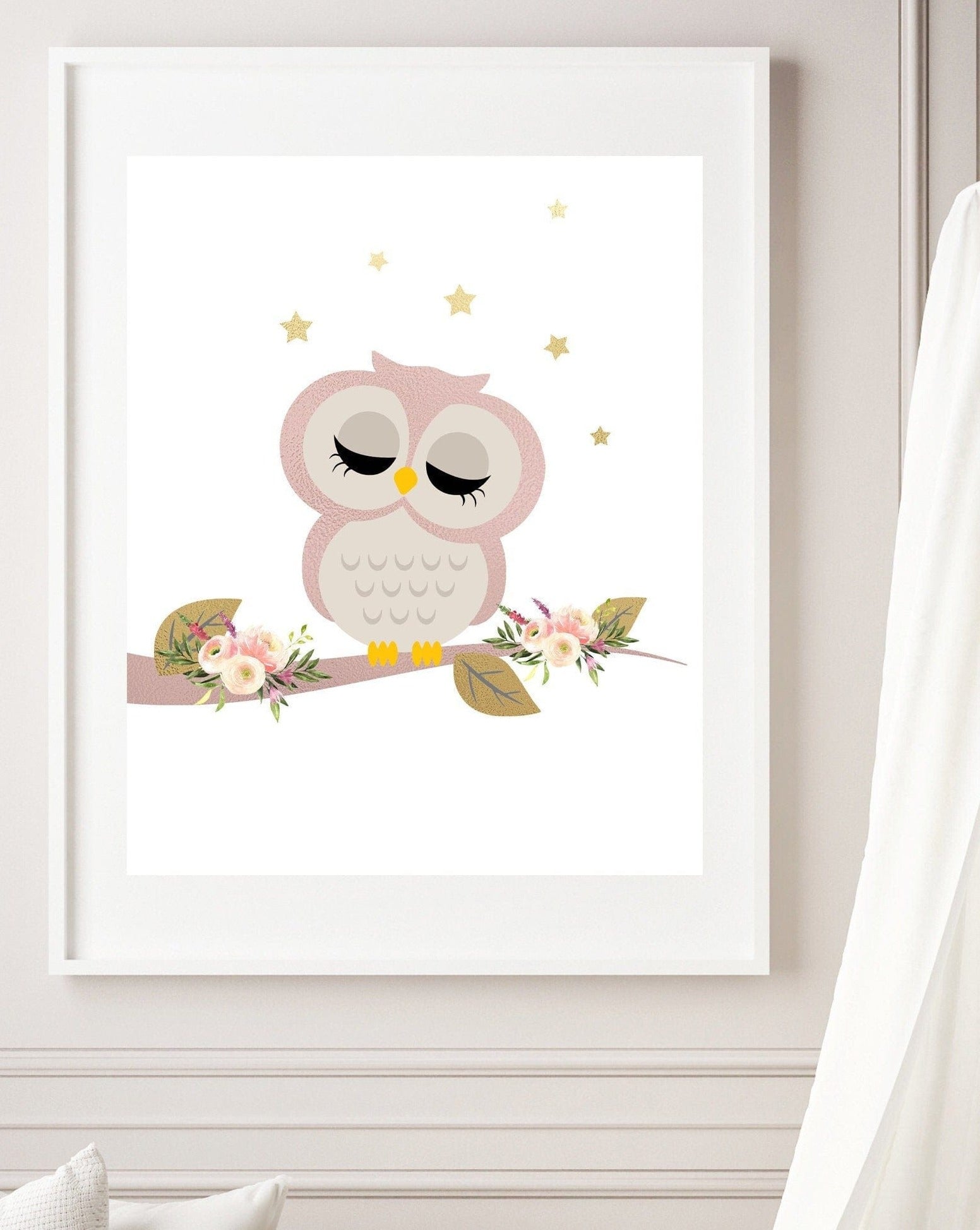 nursery art print baby nursery bedroom decor Owl nursery decor - Baby girl nursery - Girls bedroom decor - Pink and Gold art prints - Nursery wall art - Forest animal print - Girl owl