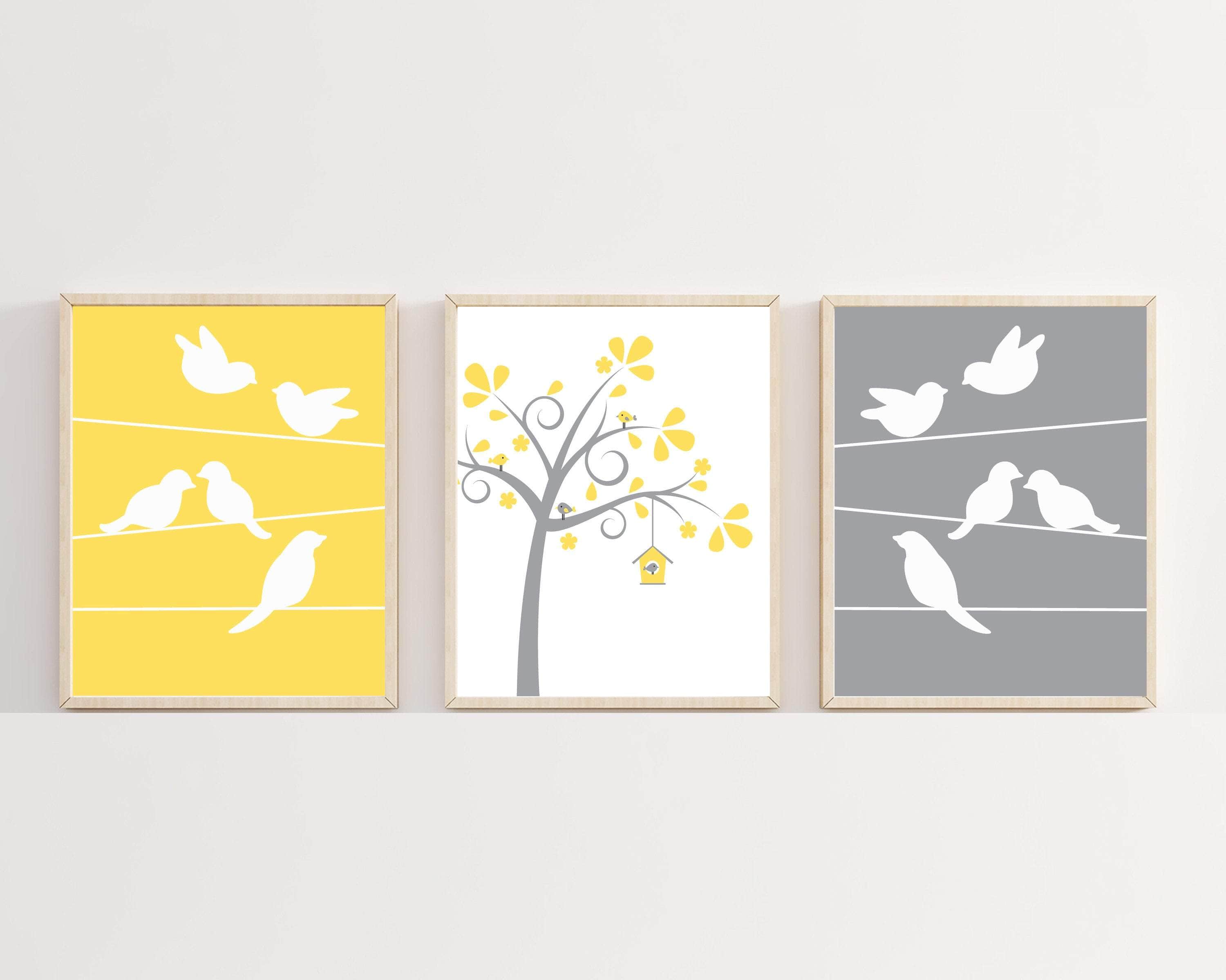 5x7 Bird Nursery Wall Art Print, Bird and Trees Wall Art Prints, Yellow Gray Nursery Prints, Baby Wall Art Print and Bedroom Decor H210 nursery art print baby nursery bedroom decor