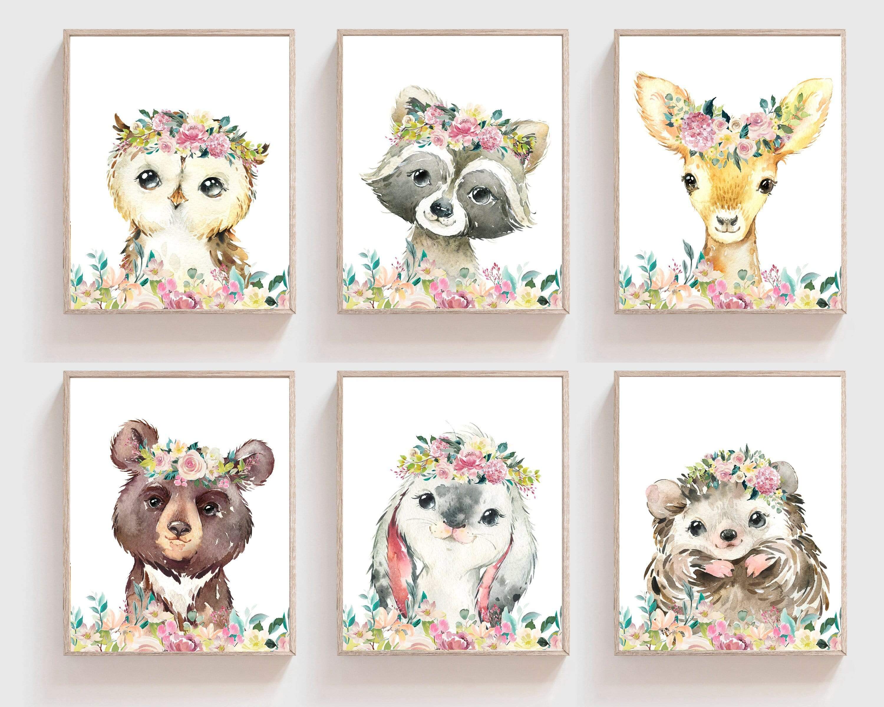 8x10 Baby girl nursery wall art - Baby Woodland animal prints - Floral woodland wall art - Flower crown animals - Girls room decor - Girl Nursery nursery art print baby nursery bedroom decor