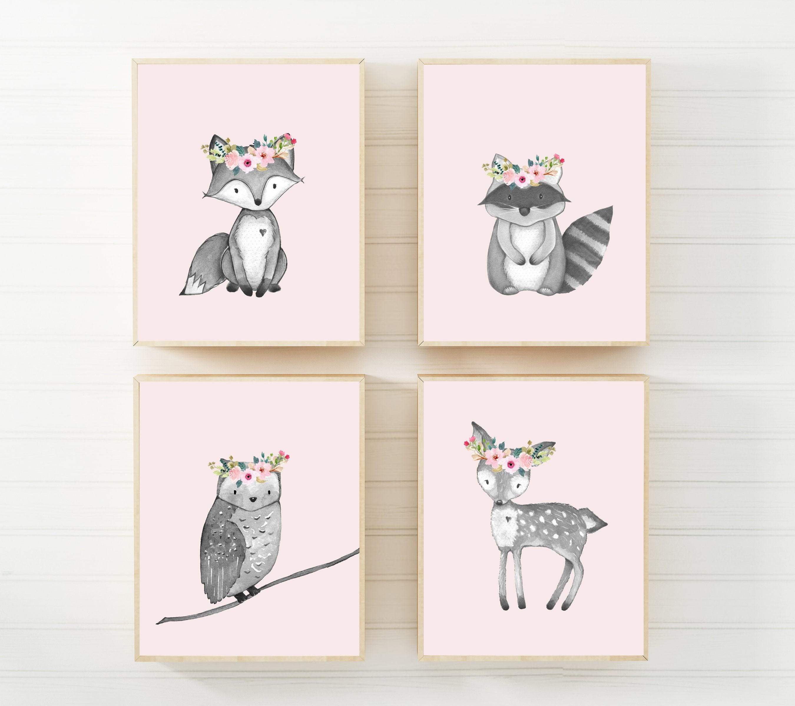 8x10 Baby girl nursery wall art - Woodland nursery decor - Printable wall art - Pink nursery prints - Woodland animals print - Woodland prints nursery art print baby nursery bedroom decor