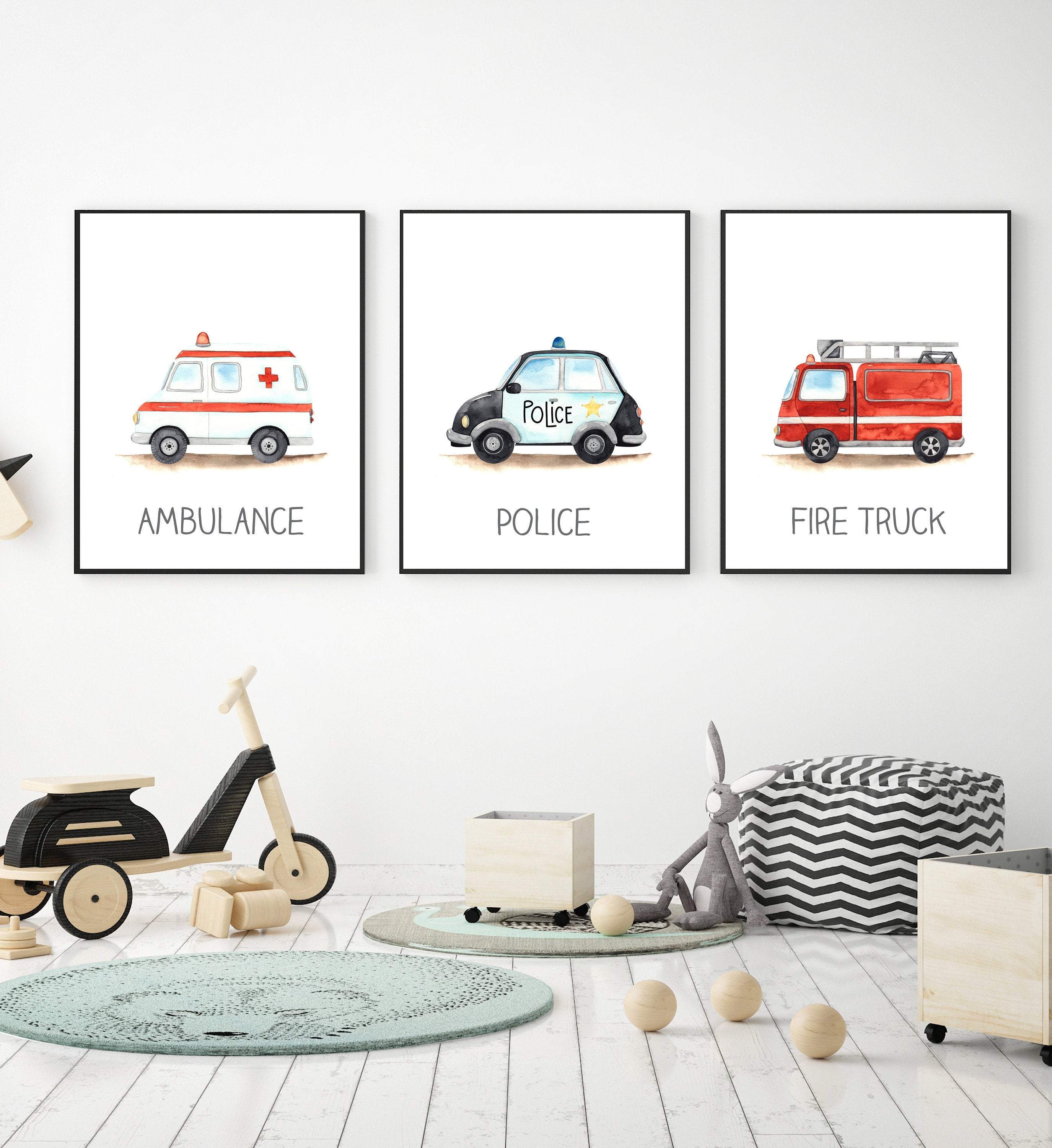 8x10 Emergency vehicle print - Boys wall art - Fire truck nursery decor - Ambulance poster - Police car wall art - Transportation wall art -H2419 nursery art print baby nursery bedroom decor