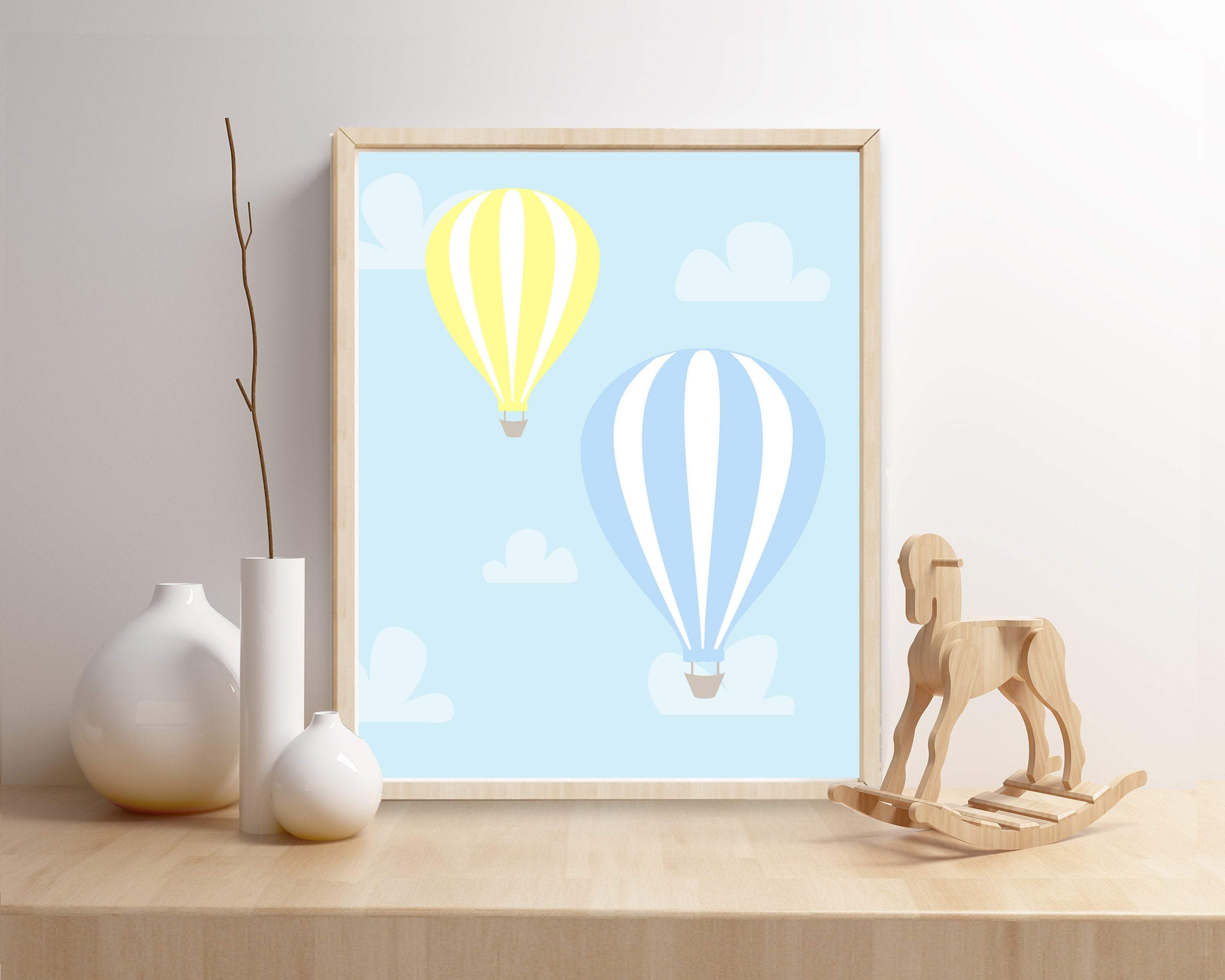 8x10 Hot Air Balloon Nursery Art Print, Yellow and Blue Floating Hot Air Balloons, Suits Baby Boys Nursery Decor - Custom Color - H786- Unframed nursery art print baby nursery bedroom decor