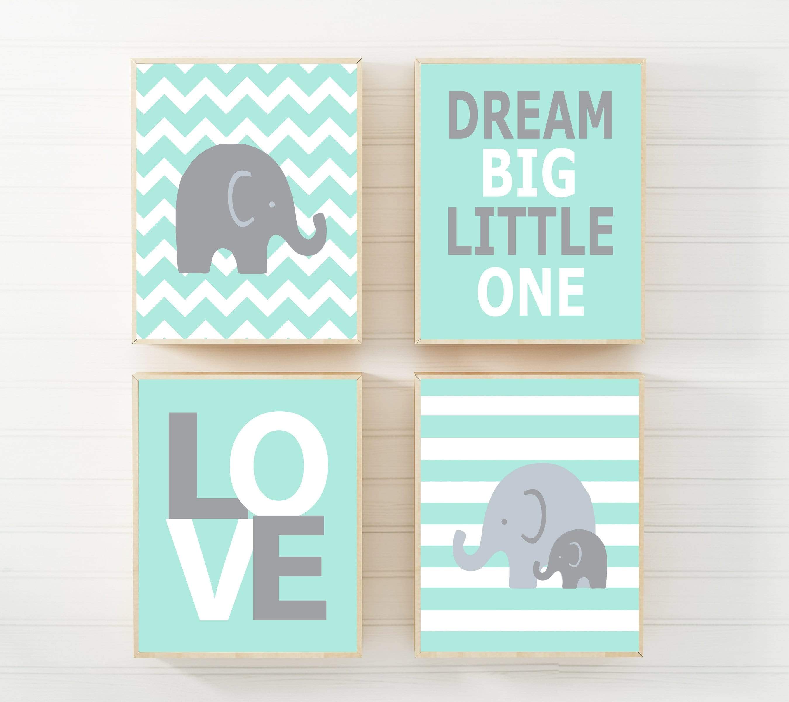 8x10 Love and Dream big little one Quote Prints with Elephants | Set of 4 nursery art print baby nursery bedroom decor