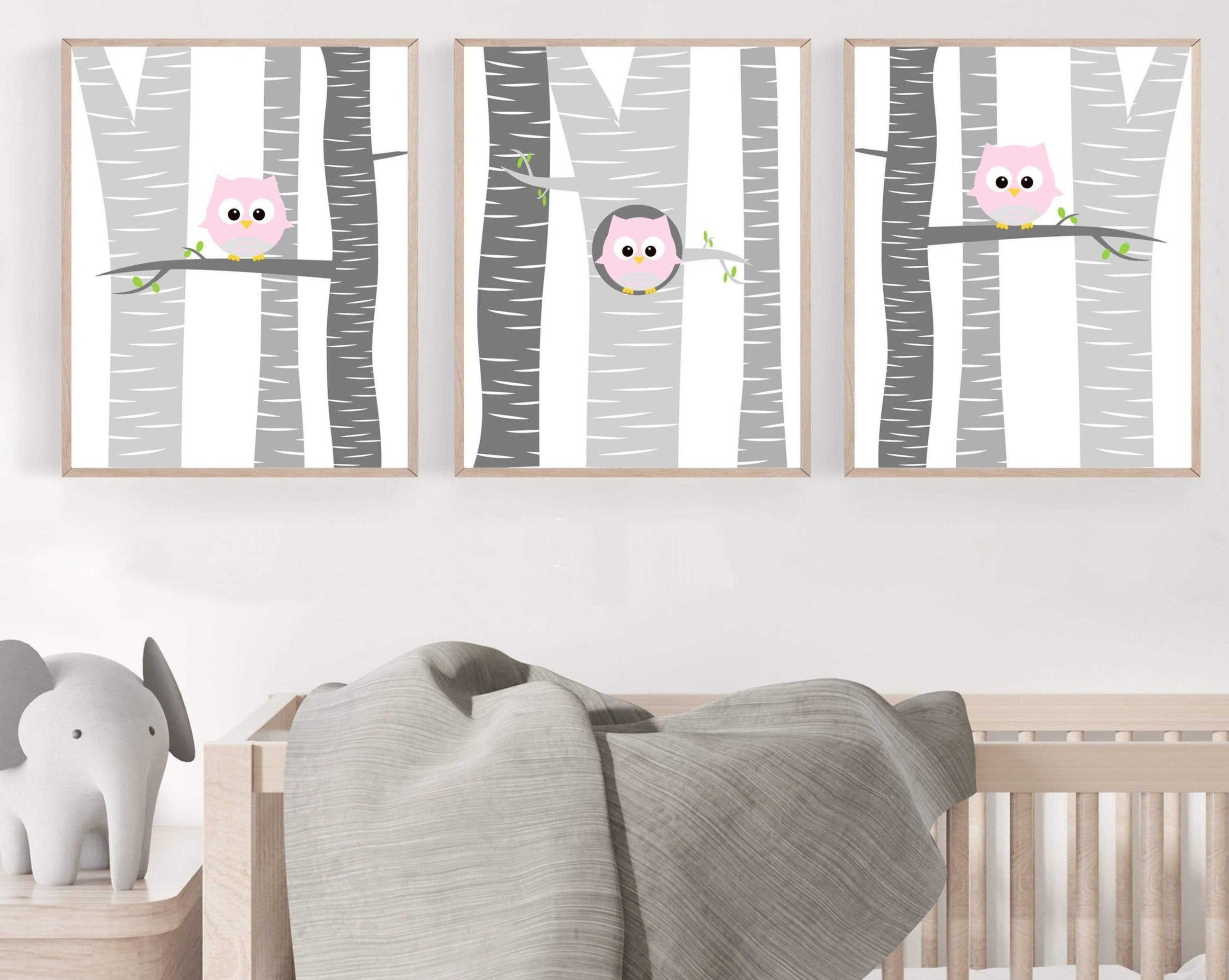 Baby Girl Nursery Wall Art, Owl Nursery Wall Art Prints, Suits Pink and Grey Nursery Decor and Bedroom Decor - H228 nursery art print baby nursery bedroom decor