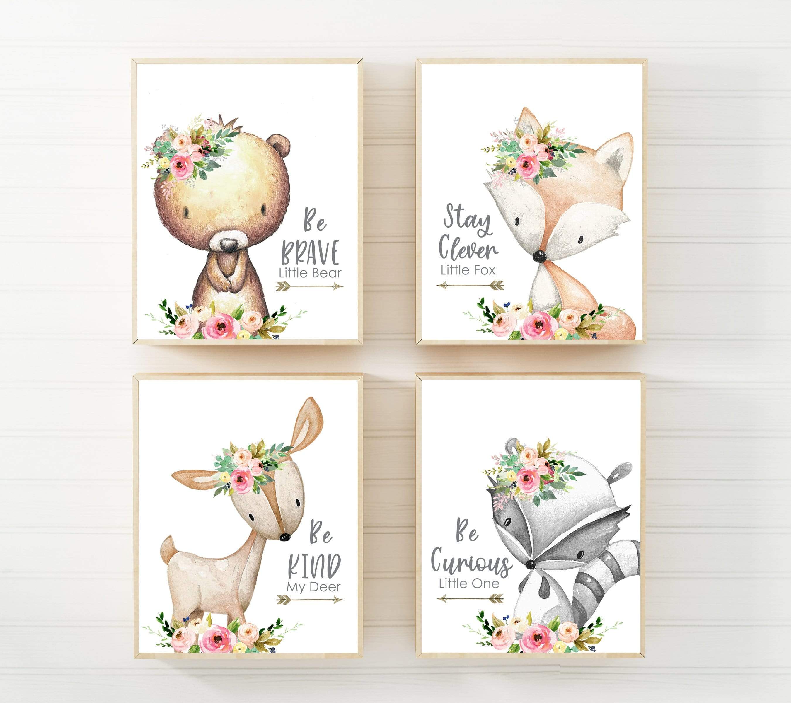 Baby girl woodland nursery prints | Set of 4 woodland animals for a girls room nursery art print baby nursery bedroom decor