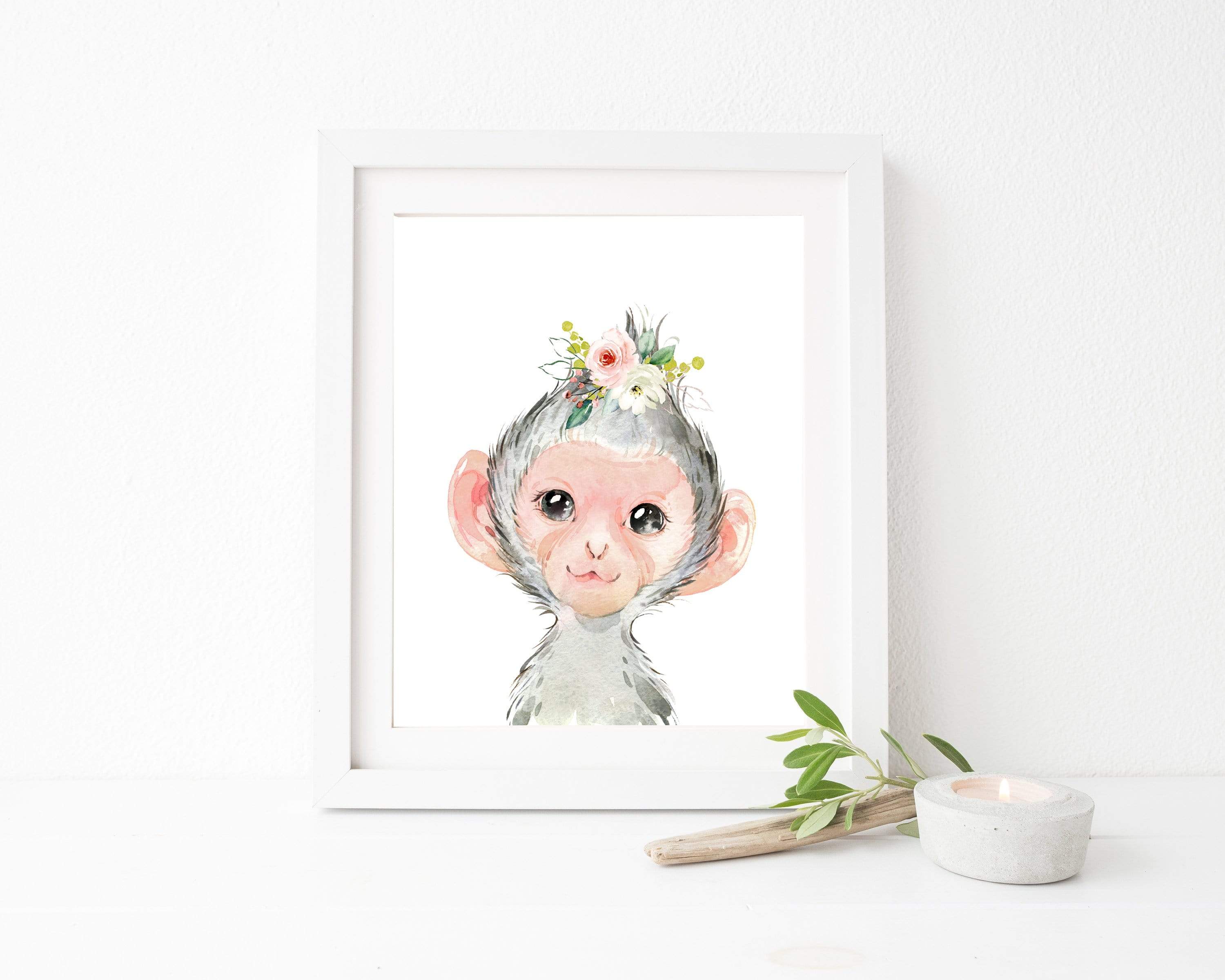 Baby Monkey with flower crown print | Baby girl nursery art print nursery art print baby nursery bedroom decor