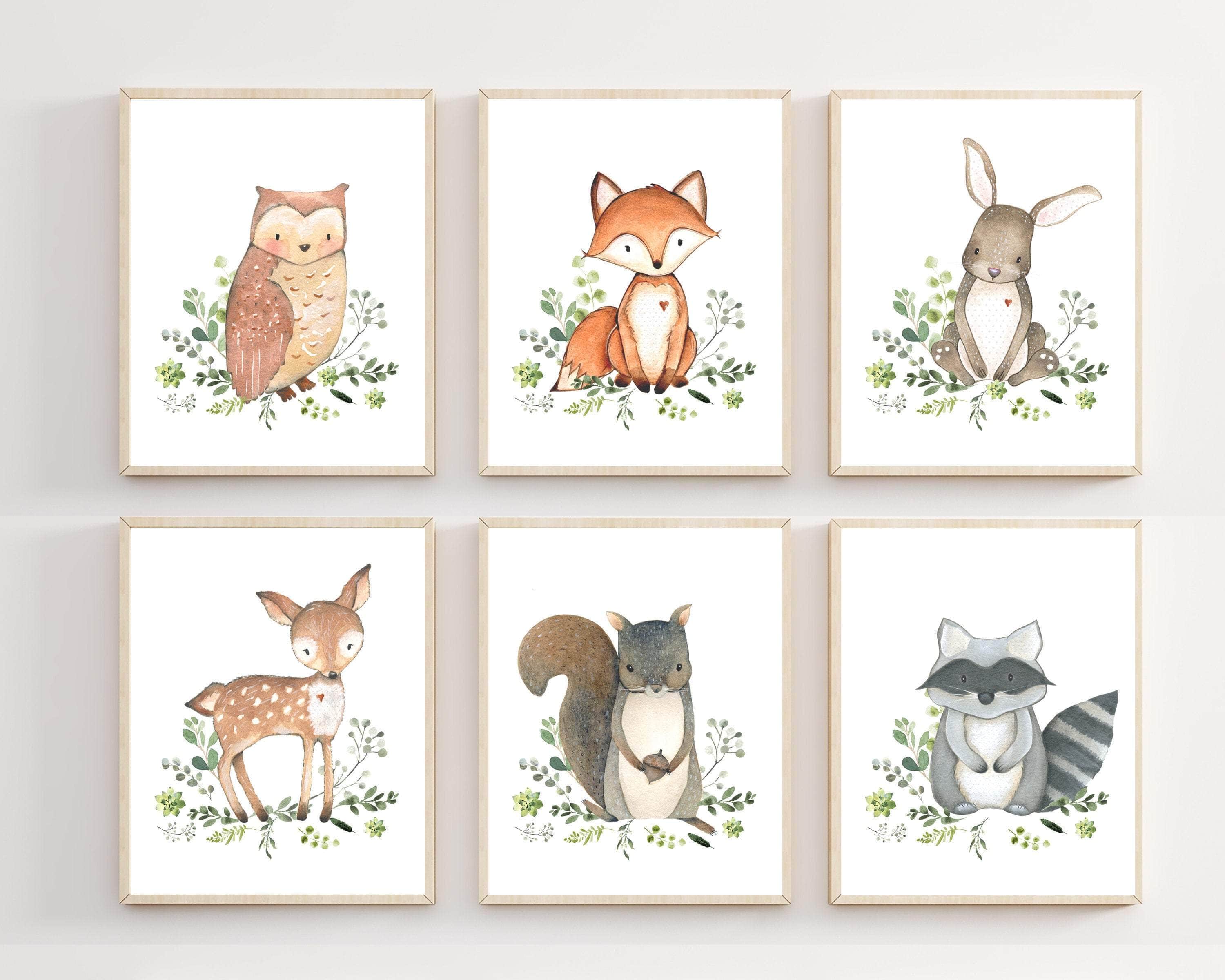 Baby Water Colored Woodland Animals | Set of 6 prints nursery art print baby nursery bedroom decor