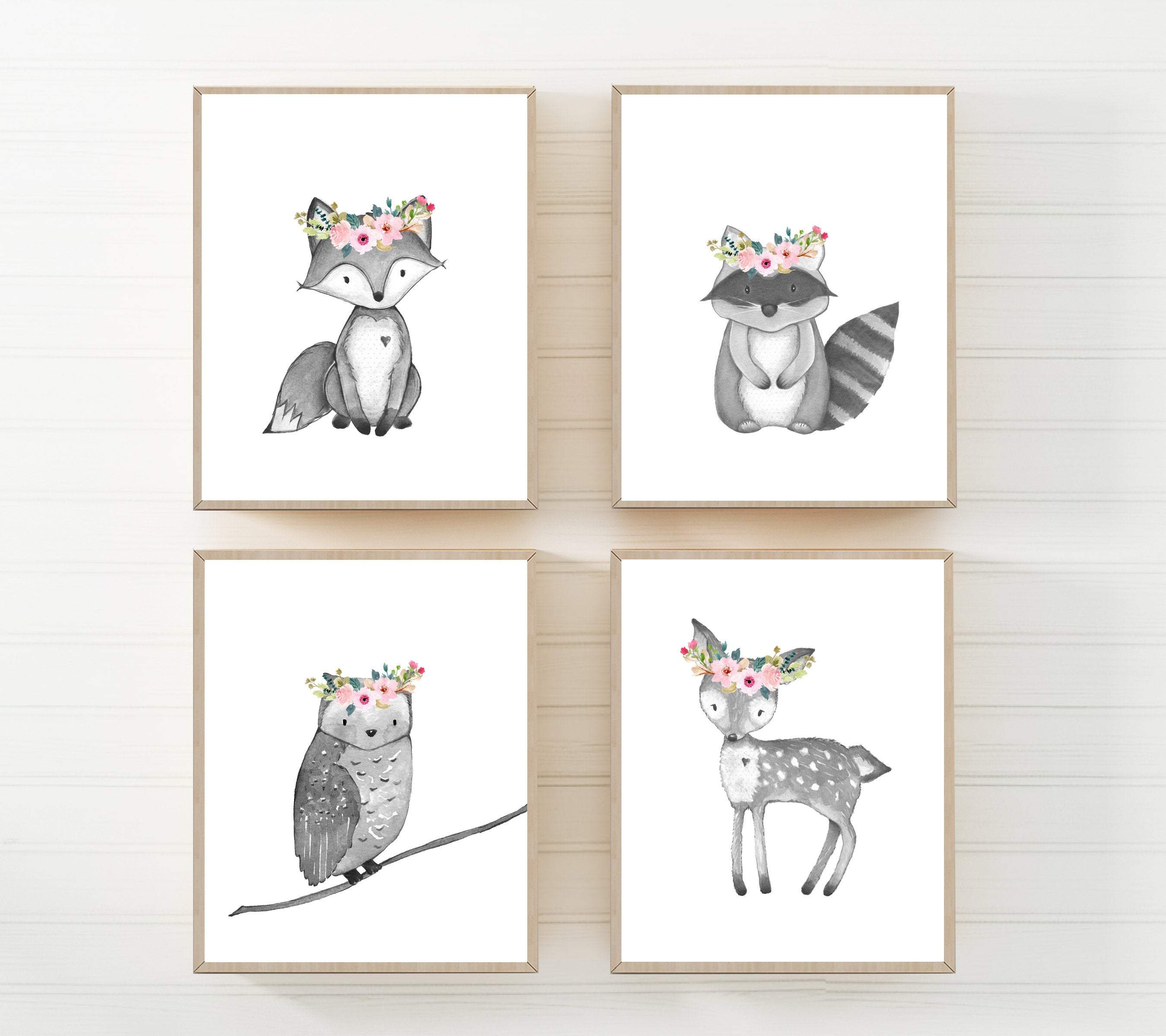 Baby Woodland Animals Black and White Prints | Set of 4 nursery art print baby nursery bedroom decor