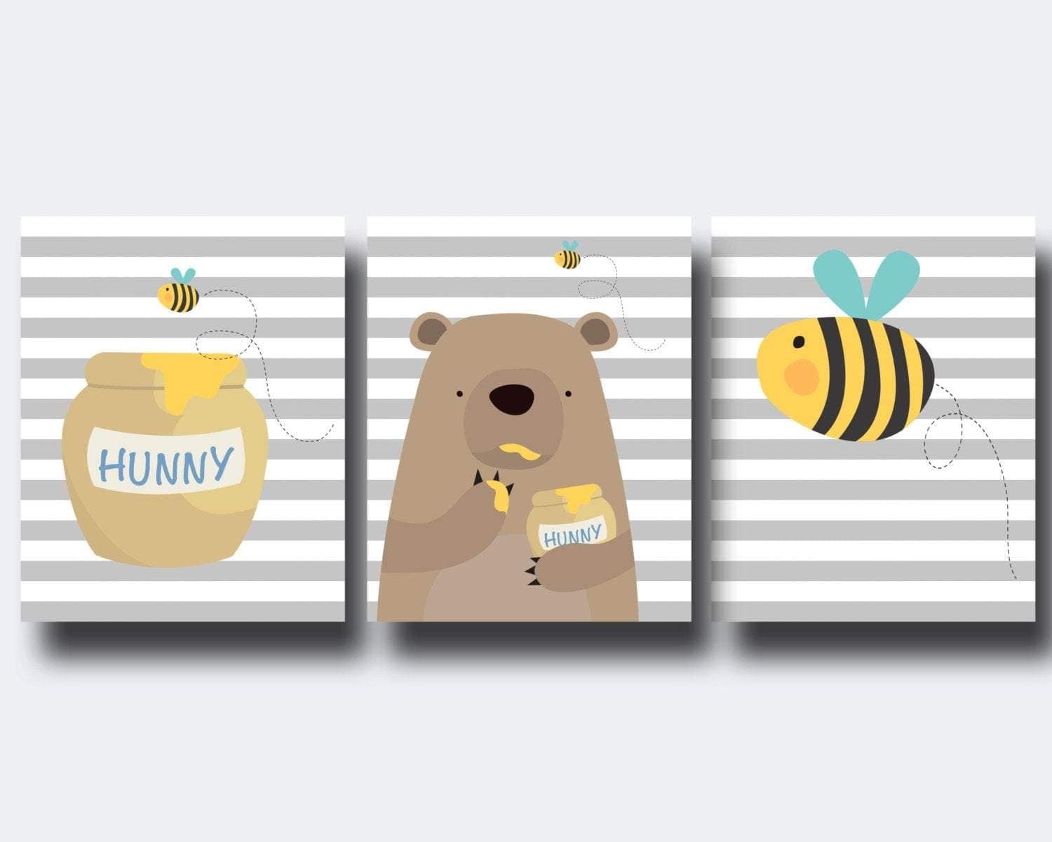 Bear eating honey while a bee watches nursery art print baby nursery bedroom decor