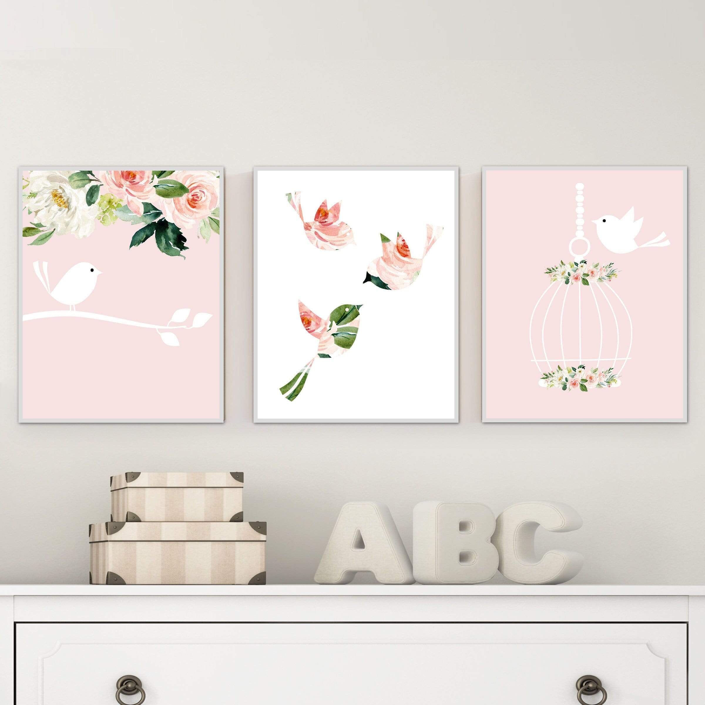 Bird nursery decor - Bird nursery print - Pink nursery decor - Baby bird nursery art - Pink blush flowers - Girls nursery decor - Bird art nursery art print baby nursery bedroom decor