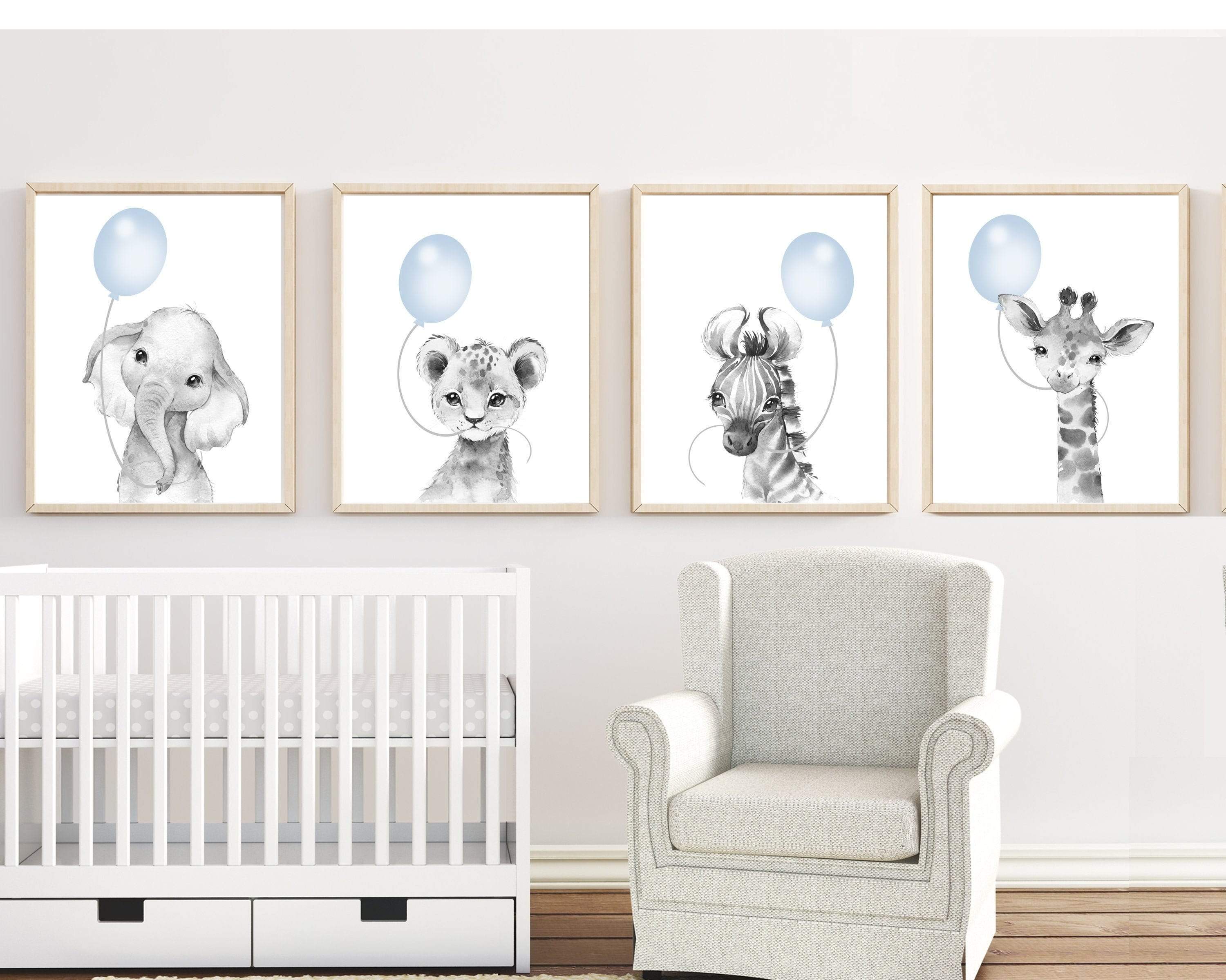 Black and White Baby Safari Animals with balloons wall art | set of 4 prints nursery art print baby nursery bedroom decor