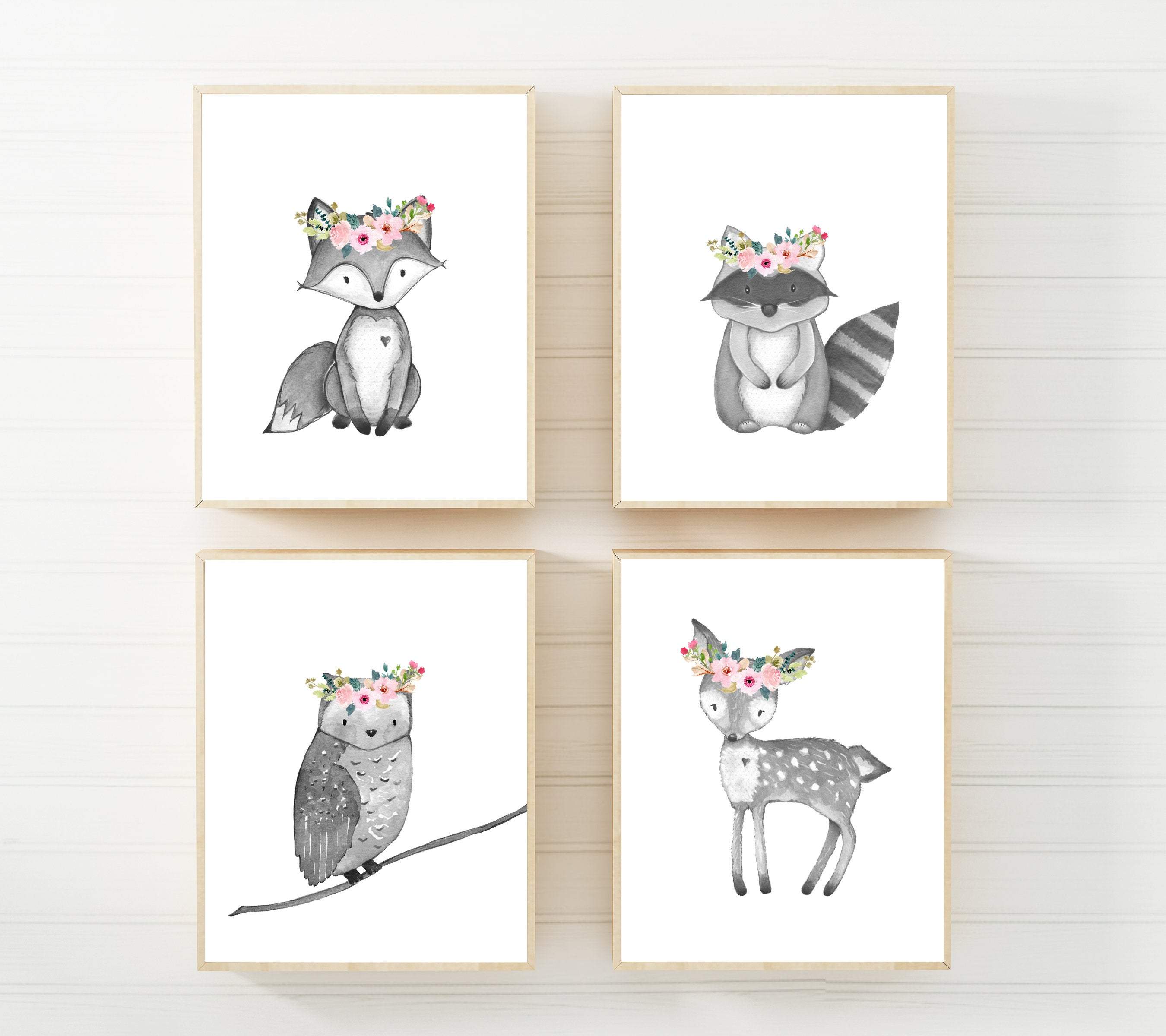 Black and white Floral forest Animals Wall Art | Set of 4 prints nursery art print baby nursery bedroom decor