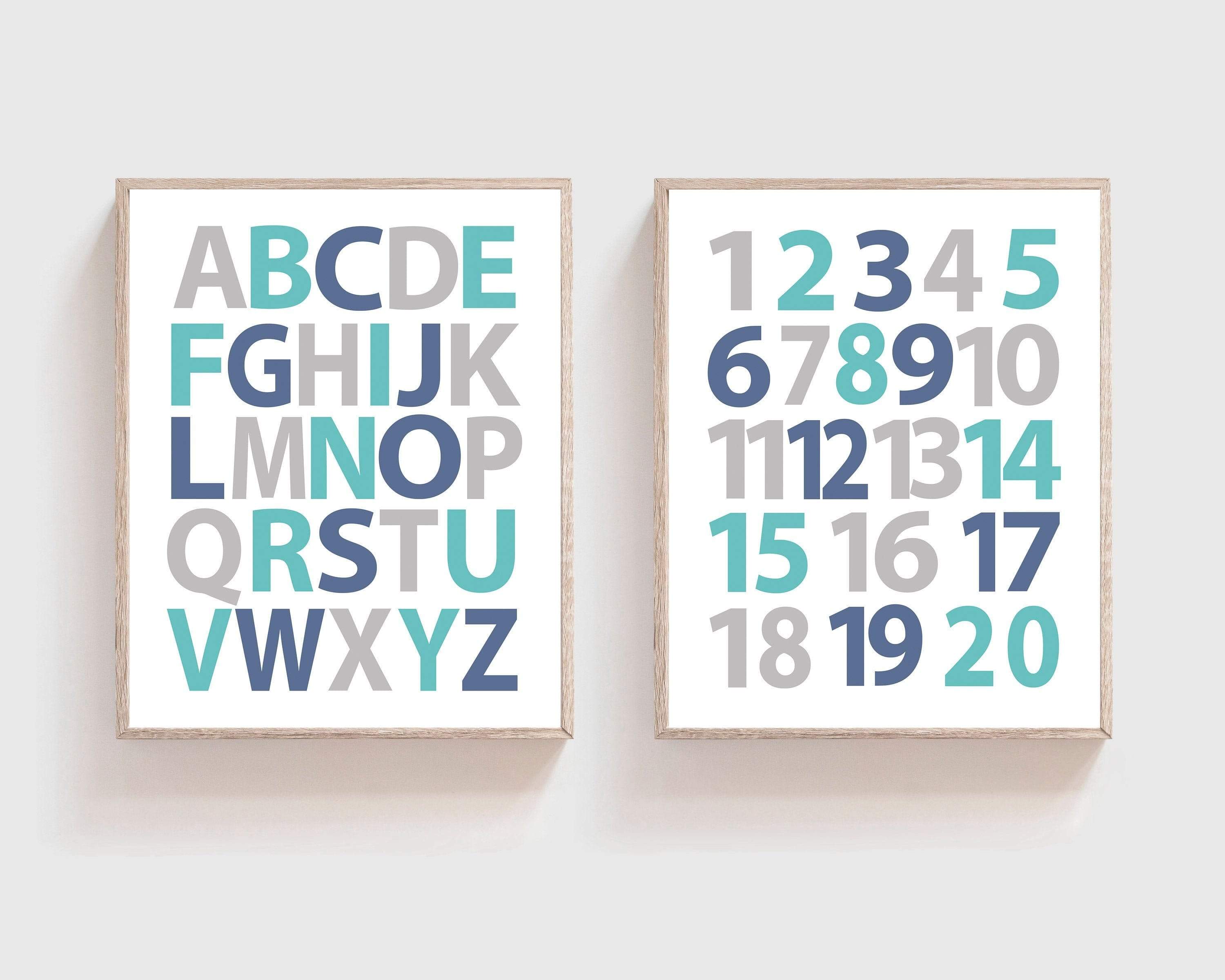 Boy Alphabet and Numbers Print, Alphabet wall art, 123 & ABC Gray Blue Nursery Decor nursery art print baby nursery bedroom decor