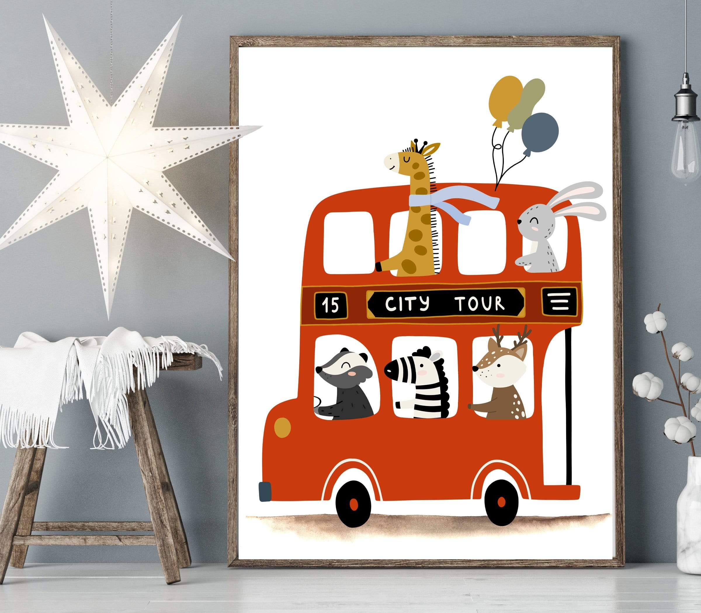 Bus wall Art | Zoo animals on a big red bus nursery art print baby nursery bedroom decor