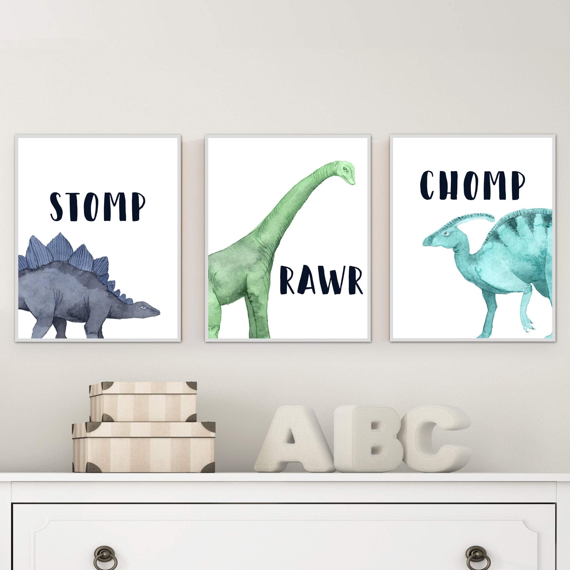 Dinosaur Nursery wall art - Set of 3 - Stomp, Chomp & Rawr - Boys bedroom art nursery art print baby nursery bedroom decor