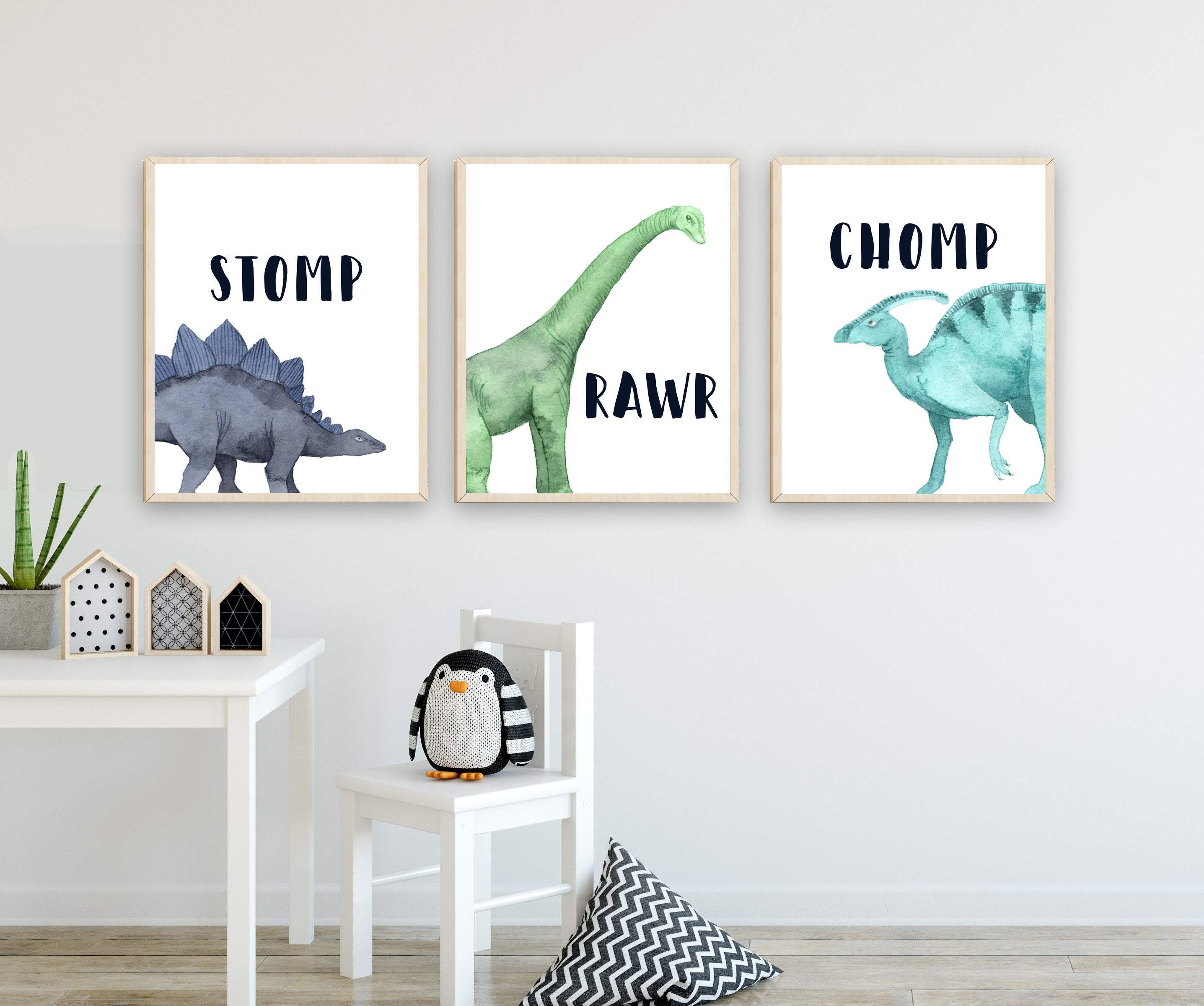 Dinosaur Nursery wall art - Set of 3 - Stomp, Chomp & Rawr - Boys bedroom art nursery art print baby nursery bedroom decor