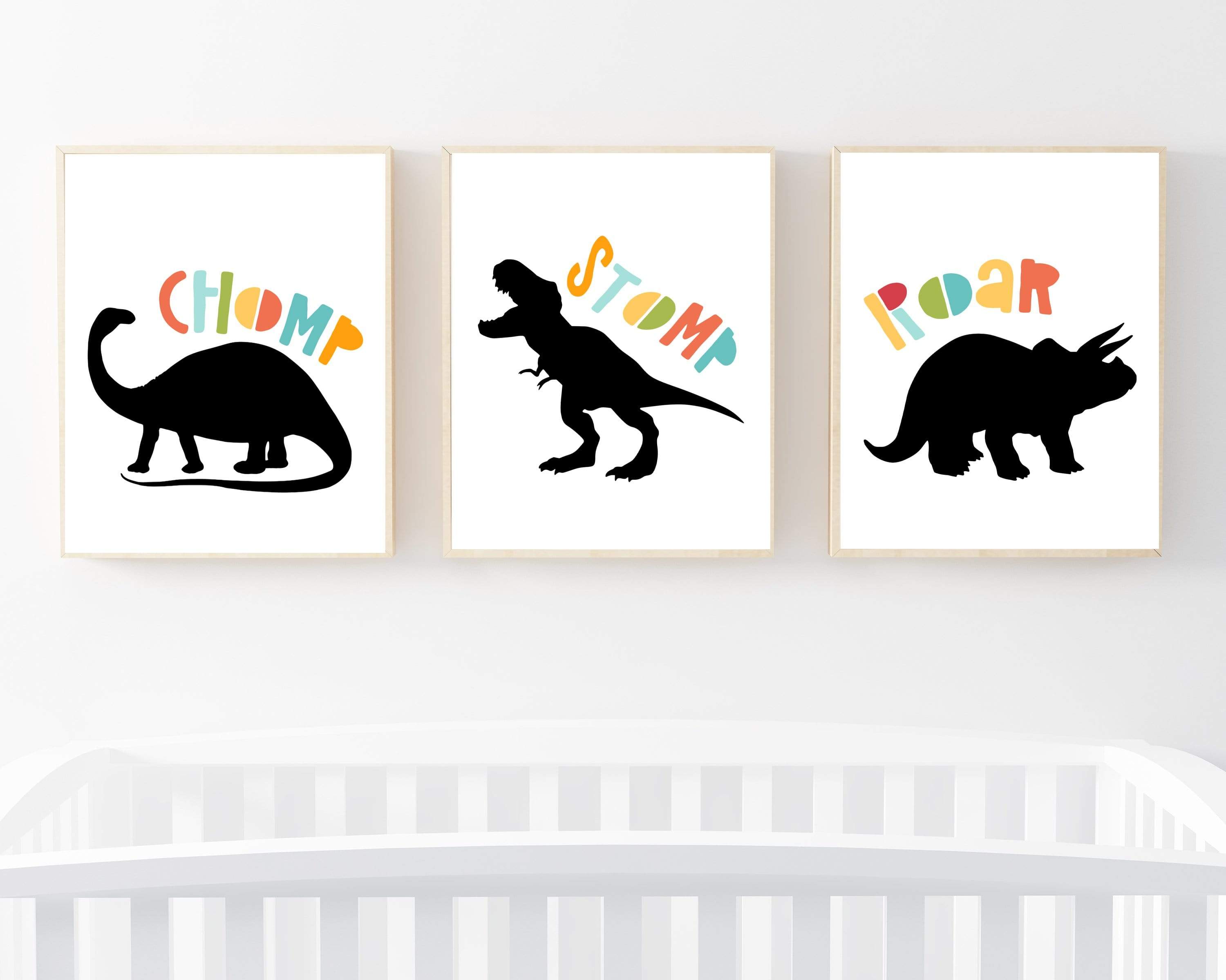 Dinosaur Wall Art,  Roar, Stomp, Chomp.  Dinosaur Room Decor, Kids Room Prints Nursery Wall art Boys, Black And White Nursery Decor - H1206 nursery art print baby nursery bedroom decor