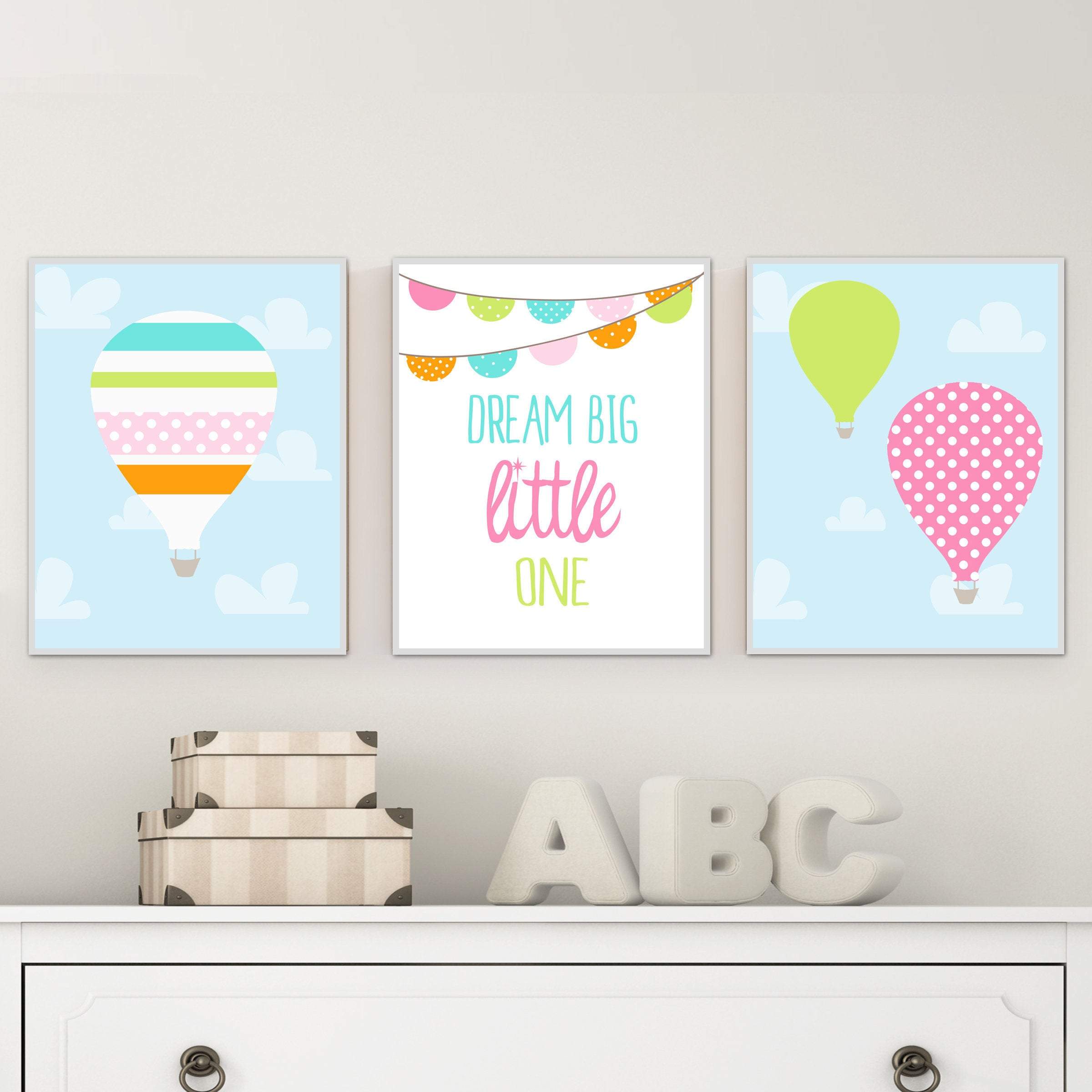 Dream Big Little One with Hot air balloons | Set of 3 nursery art print baby nursery bedroom decor