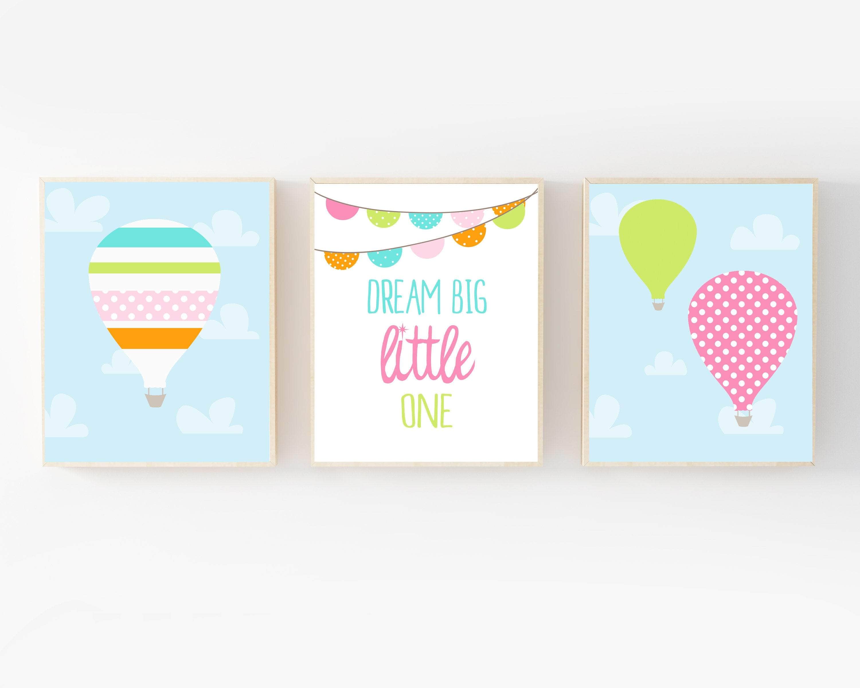 Dream Big Little One with Hot air balloons | Set of 3 nursery art print baby nursery bedroom decor
