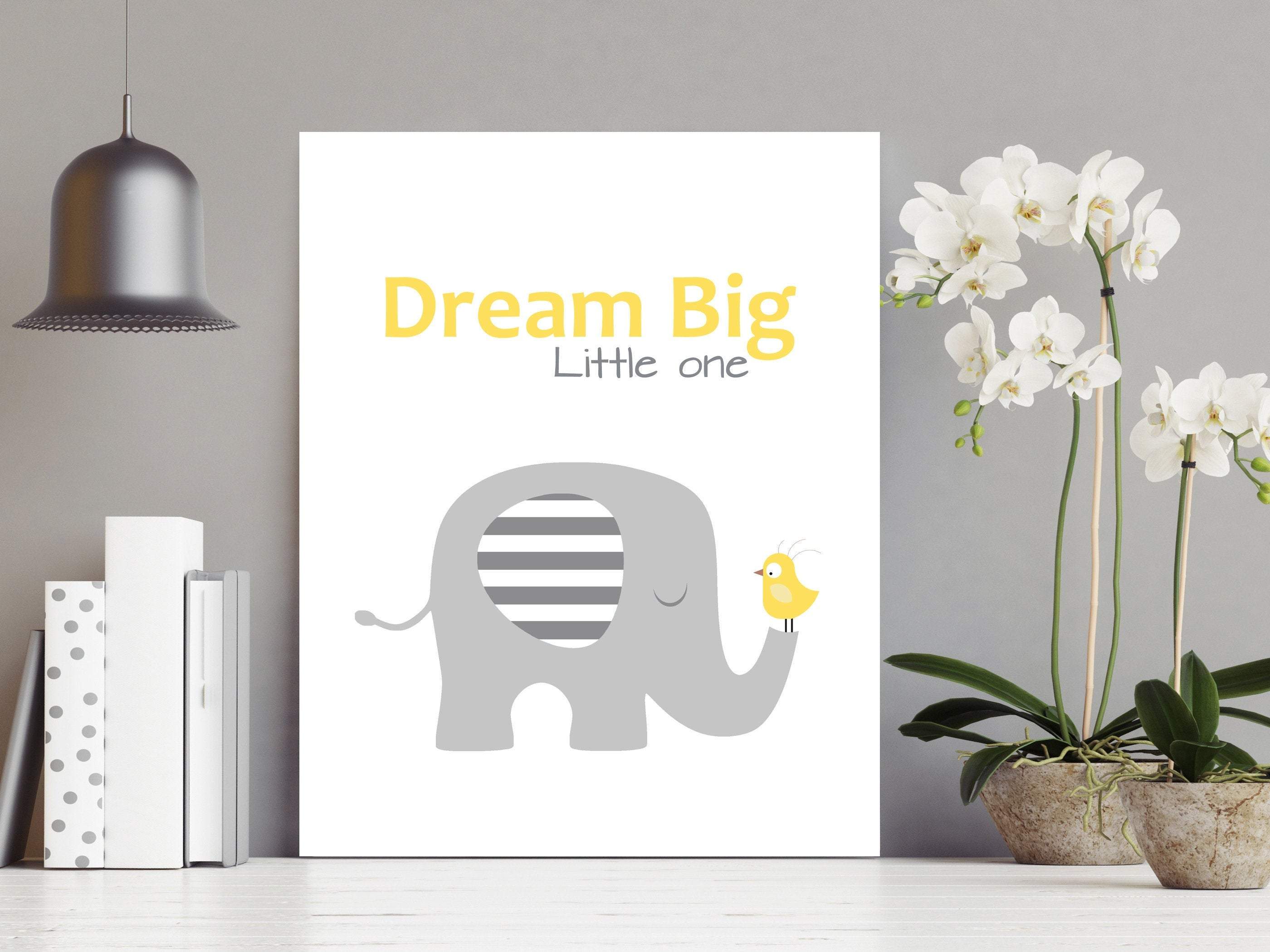 Elephant nursery print - Printable Elephant art print - Baby animal wall decor - Yellow nursery decor - Dream big little one printable nursery art print baby nursery bedroom decor