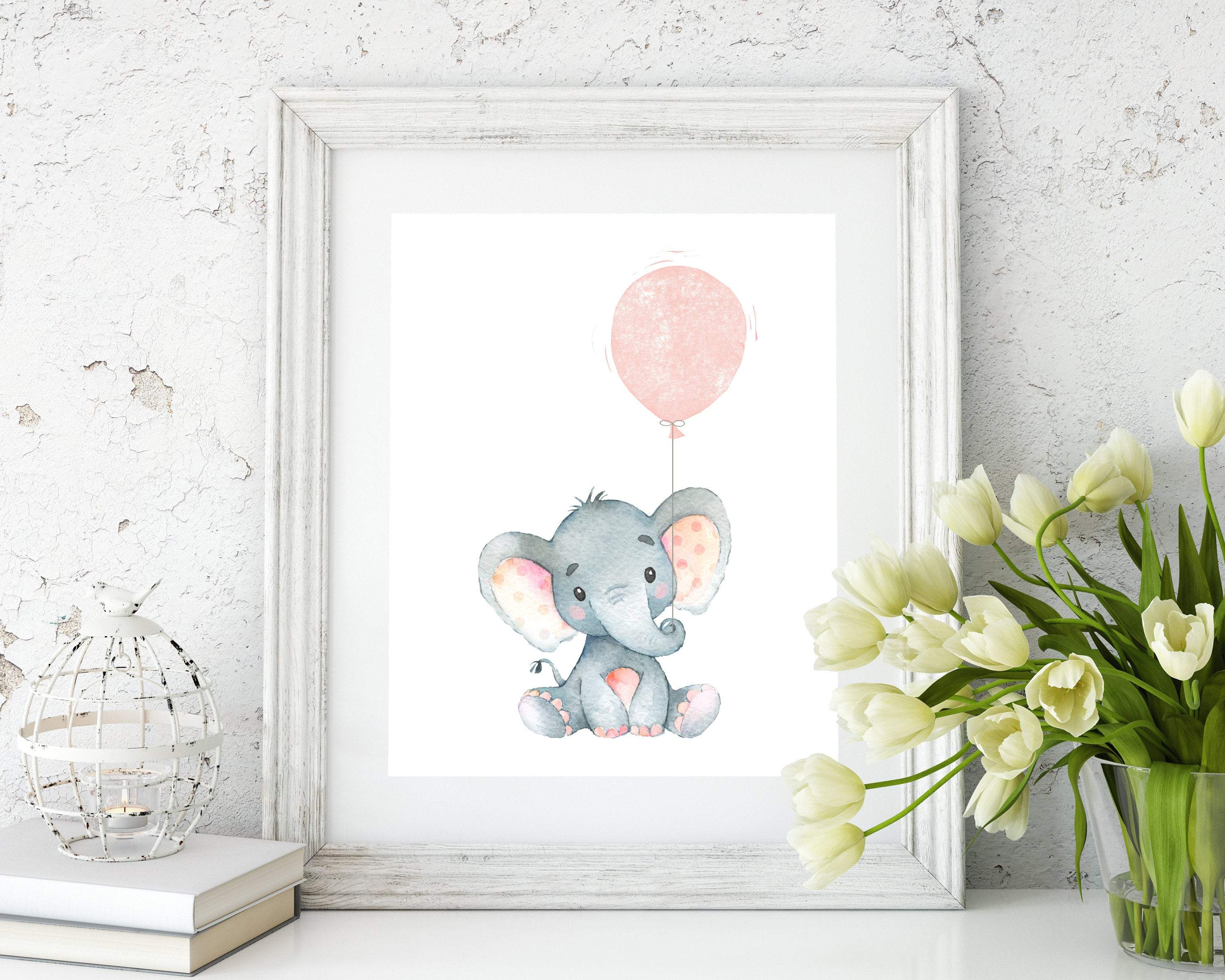 Elephant nursery wall art, Baby girl decor print, girls Jungle watercolor pink grey nursery -25 sizes Include - Instant Download -H1538 nursery art print baby nursery bedroom decor