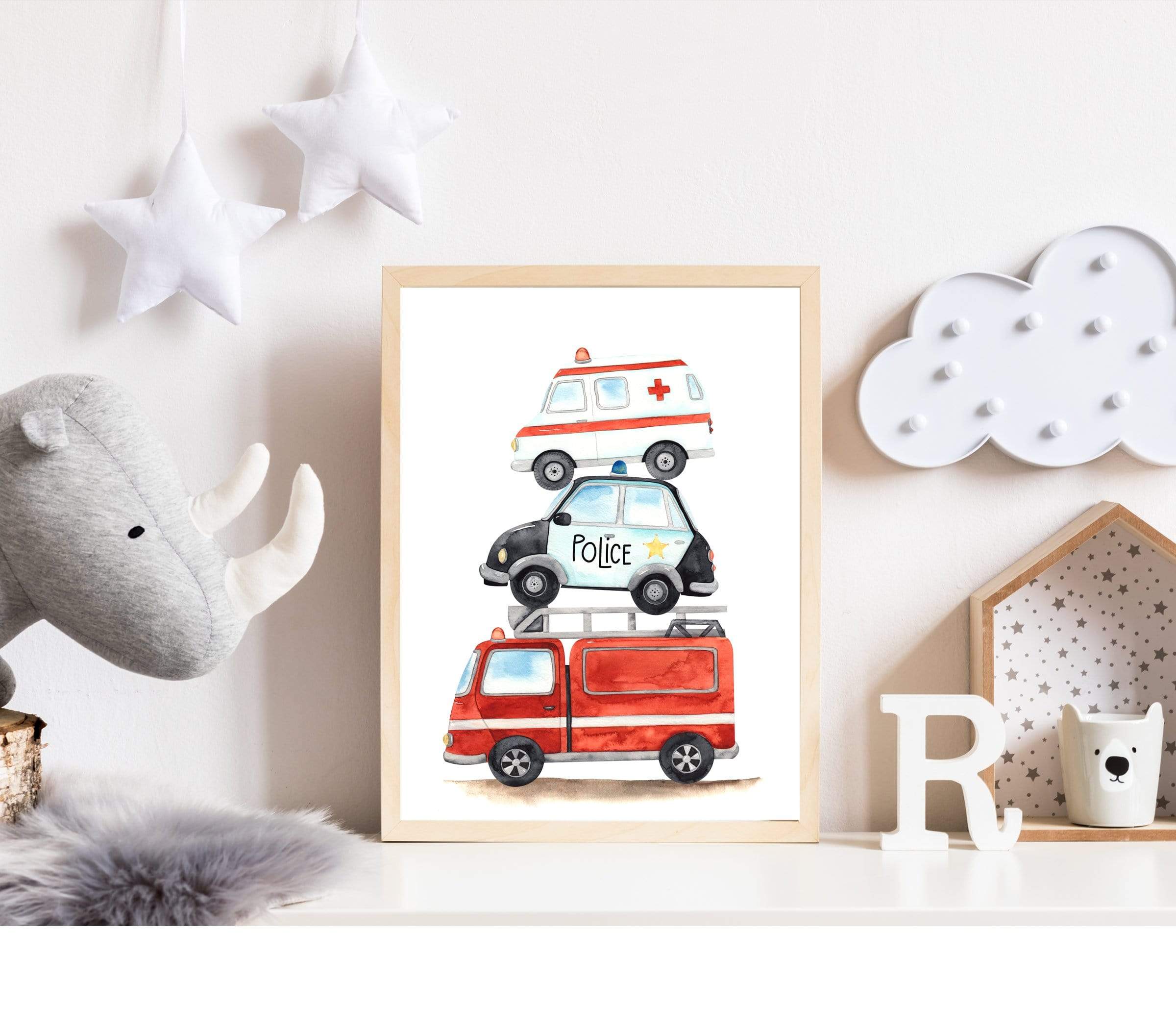 Emergency vehicles print - Boys room prints - Fire Engine decor - Ambulance poster - Police car wall art - Boy Toddler wall art - H2418 nursery art print baby nursery bedroom decor