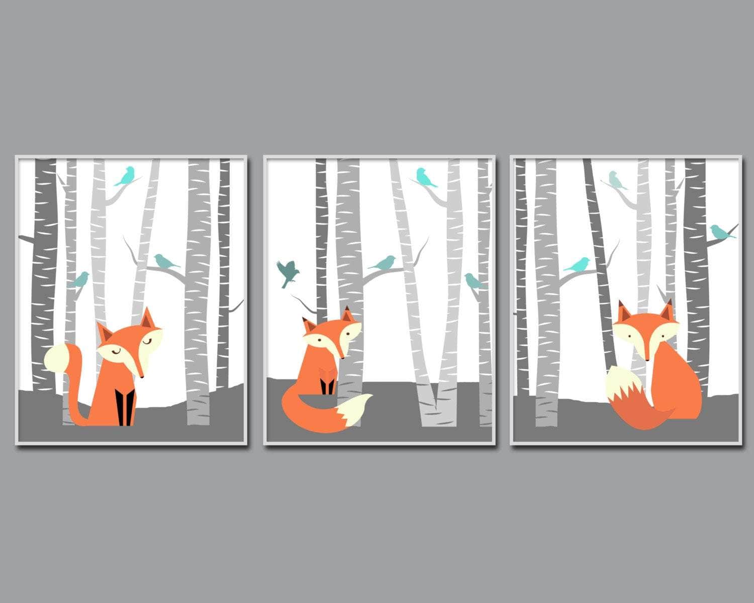 Fox in Forest Nursery Wall Art Print - Set of 3 nursery art print baby nursery bedroom decor
