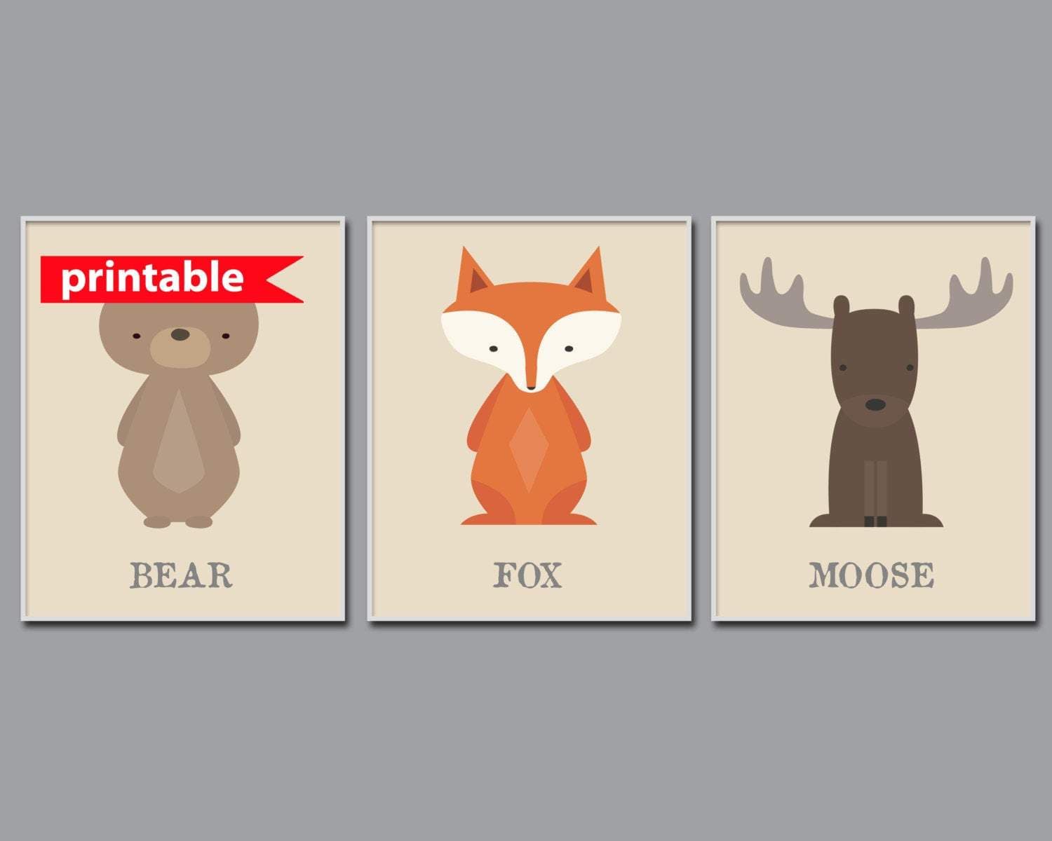 Fox, Moose and Bear Nursery Art, Baby Boy Woodland Art, Instant Download - Set of 3 -A3 size prints- H904 nursery art print baby nursery bedroom decor