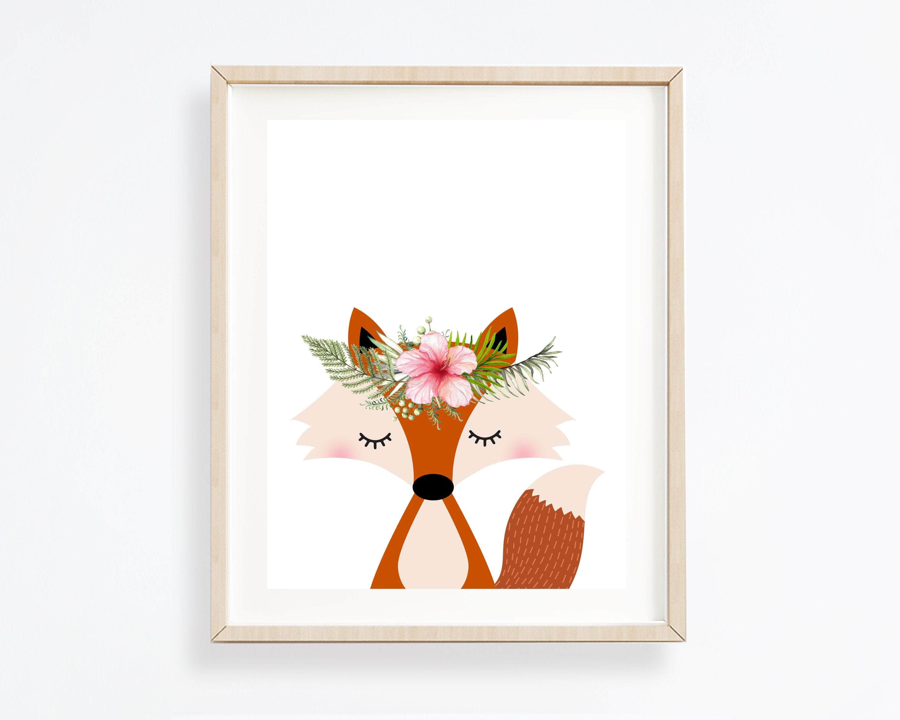 Fox print - Woodland nursery - Woodland decor - Nursery animals - Printable nursery art - Nursery wall art - Flower crown animals -H1940-C nursery art print baby nursery bedroom decor