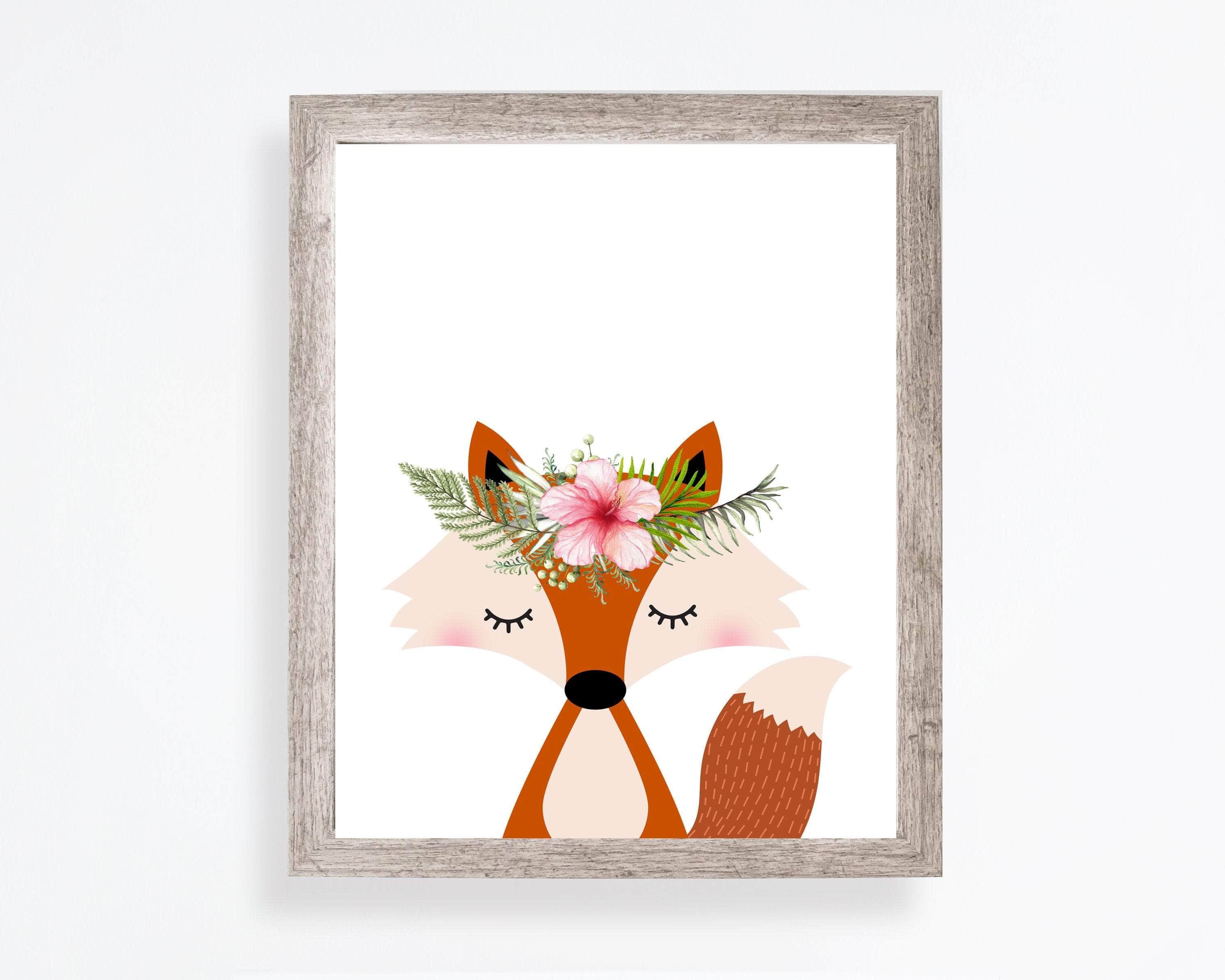 Fox print - Woodland nursery - Woodland decor - Nursery animals - Printable nursery art - Nursery wall art - Flower crown animals -H1940-C nursery art print baby nursery bedroom decor