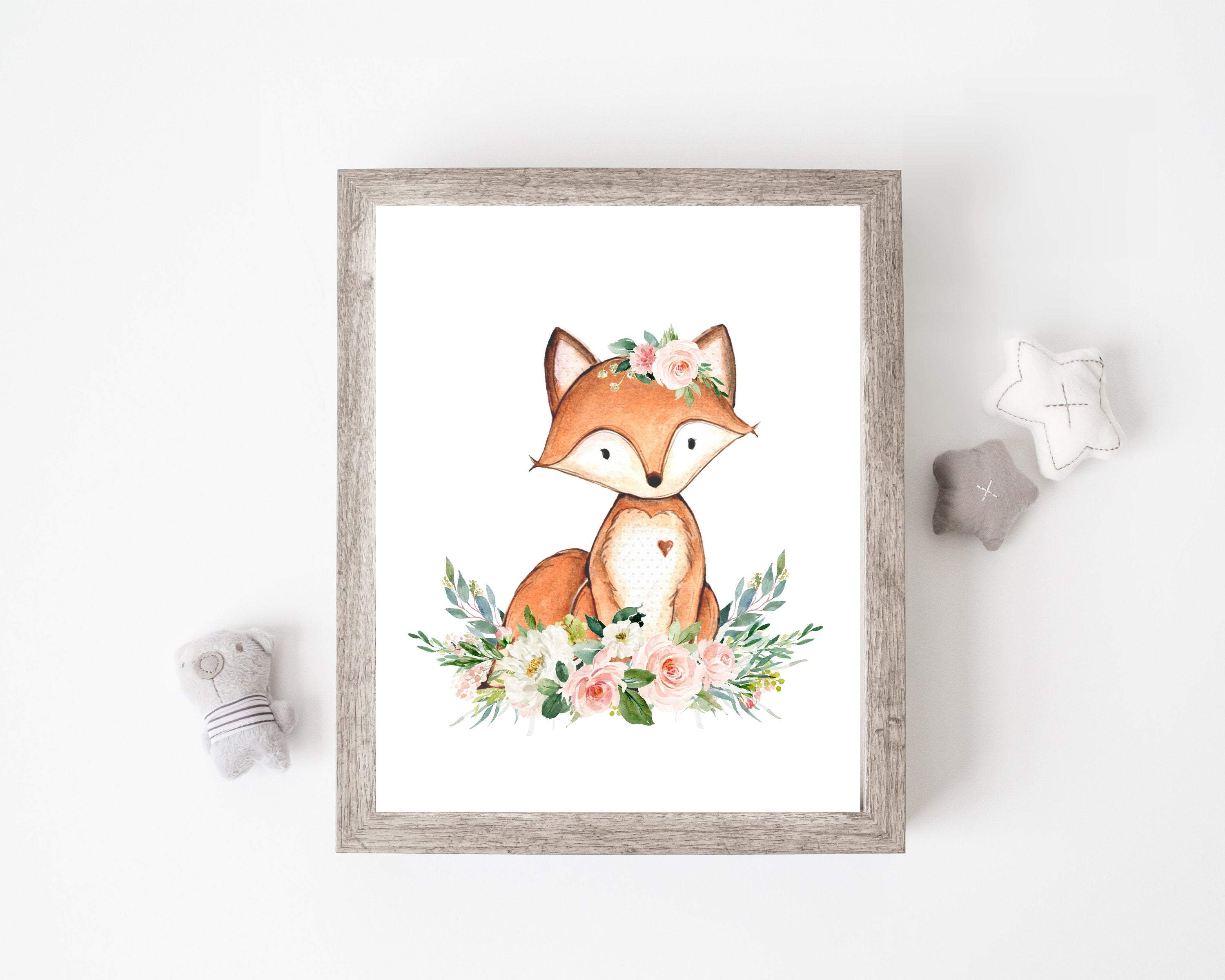 Fox wall art - Printable wall art - Nursery decor - Blush pink floral crown - woodland animal art - Baby girl art - Fox print - H1937 nursery art print baby nursery bedroom decor