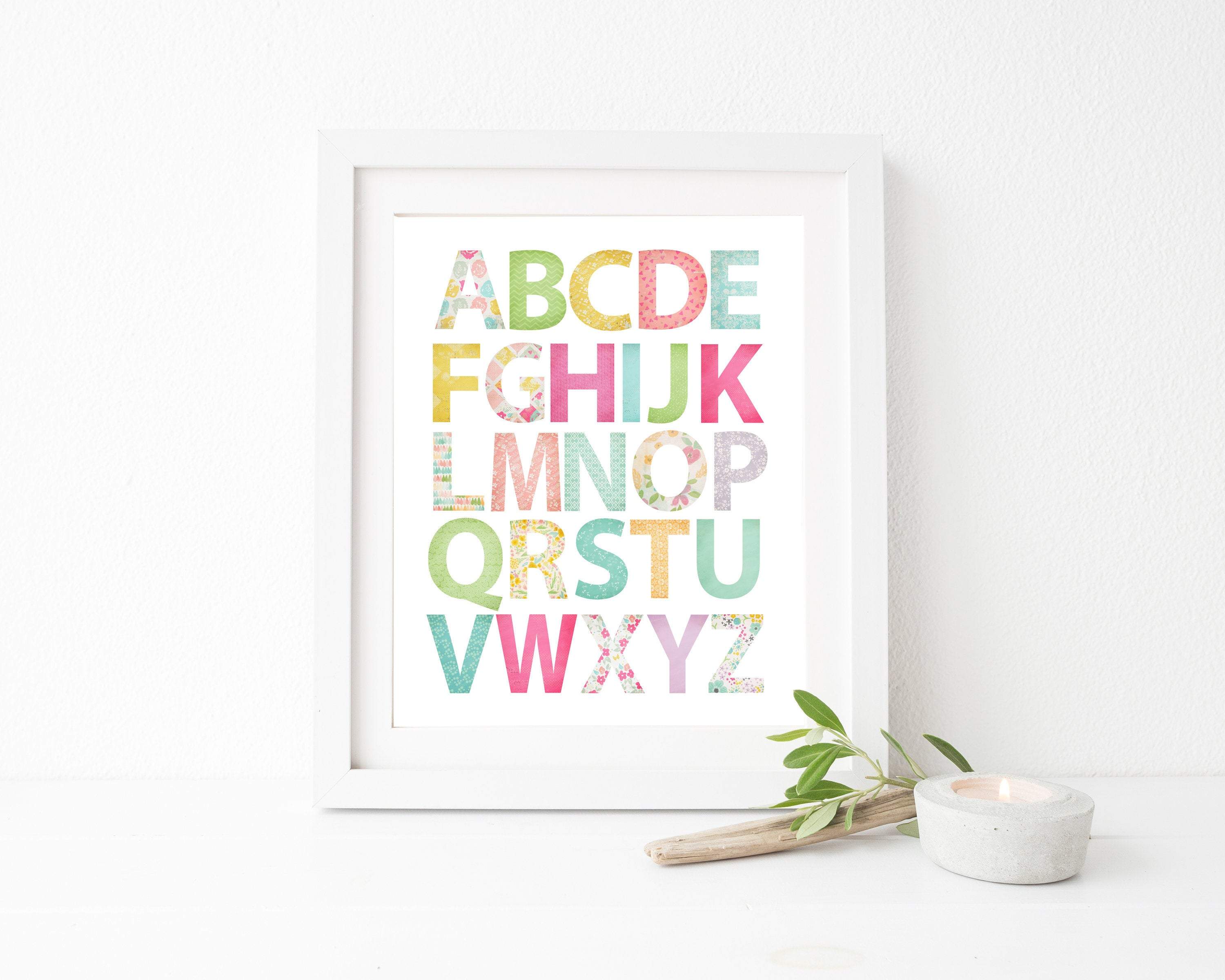 Girls bright colored alphabet art print nursery art print baby nursery bedroom decor