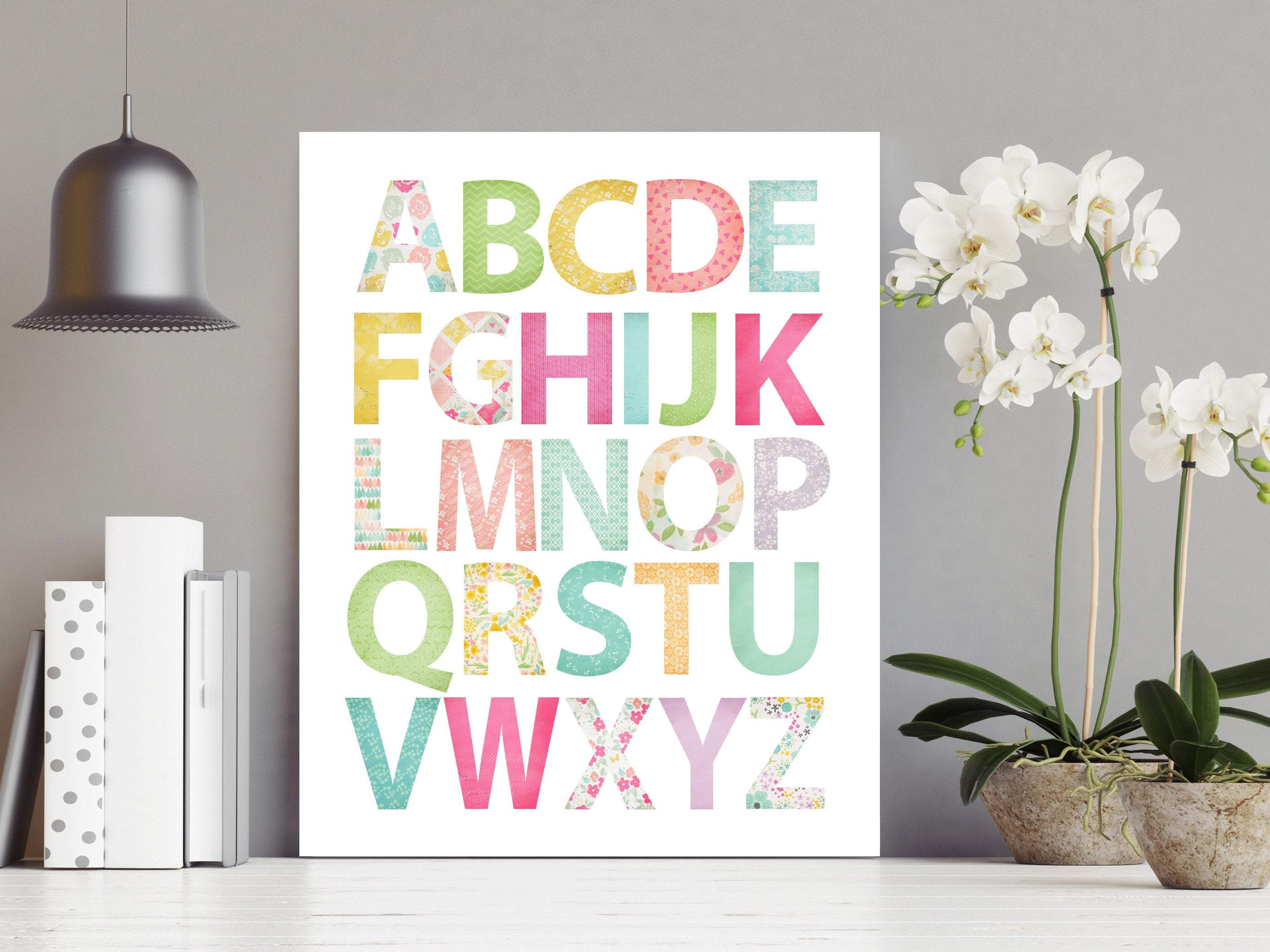 Girls bright colored alphabet art print nursery art print baby nursery bedroom decor