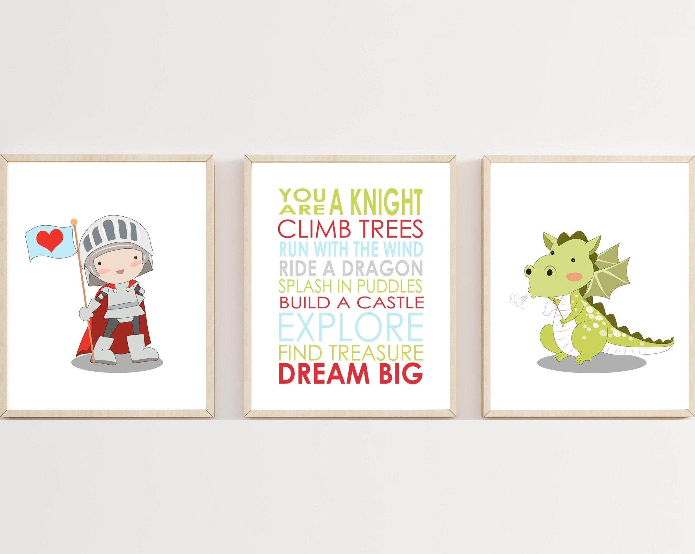 Kids room Knight and Dragon with inspirational quote art nursery art print baby nursery bedroom decor