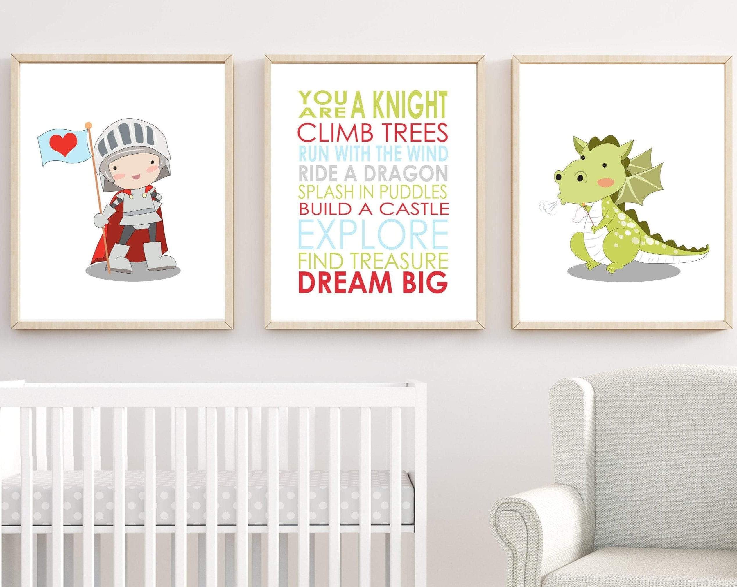 Kids room Knight and Dragon with inspirational quote art nursery art print baby nursery bedroom decor