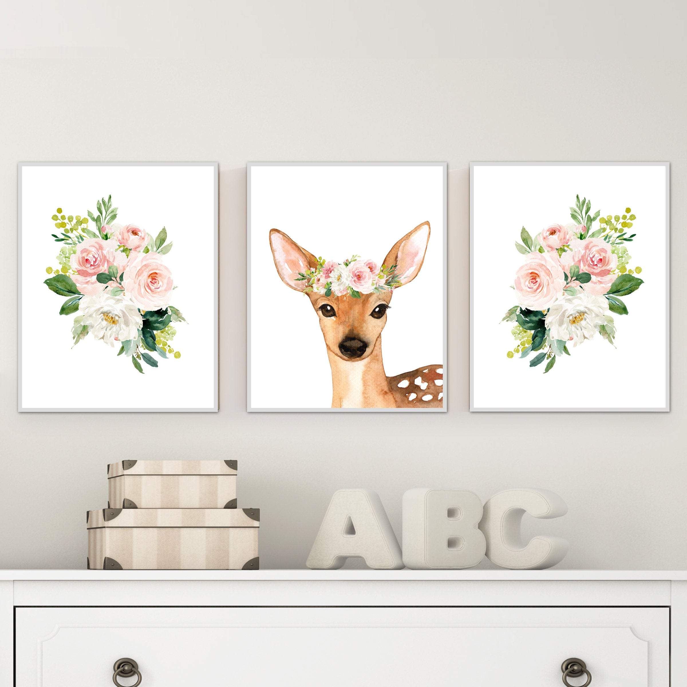 Nursery decor - Deer nursery print - nursery wall art - Flower crown - Baby girl nursery prints - Printable blush pink wall art - H2096 nursery art print baby nursery bedroom decor