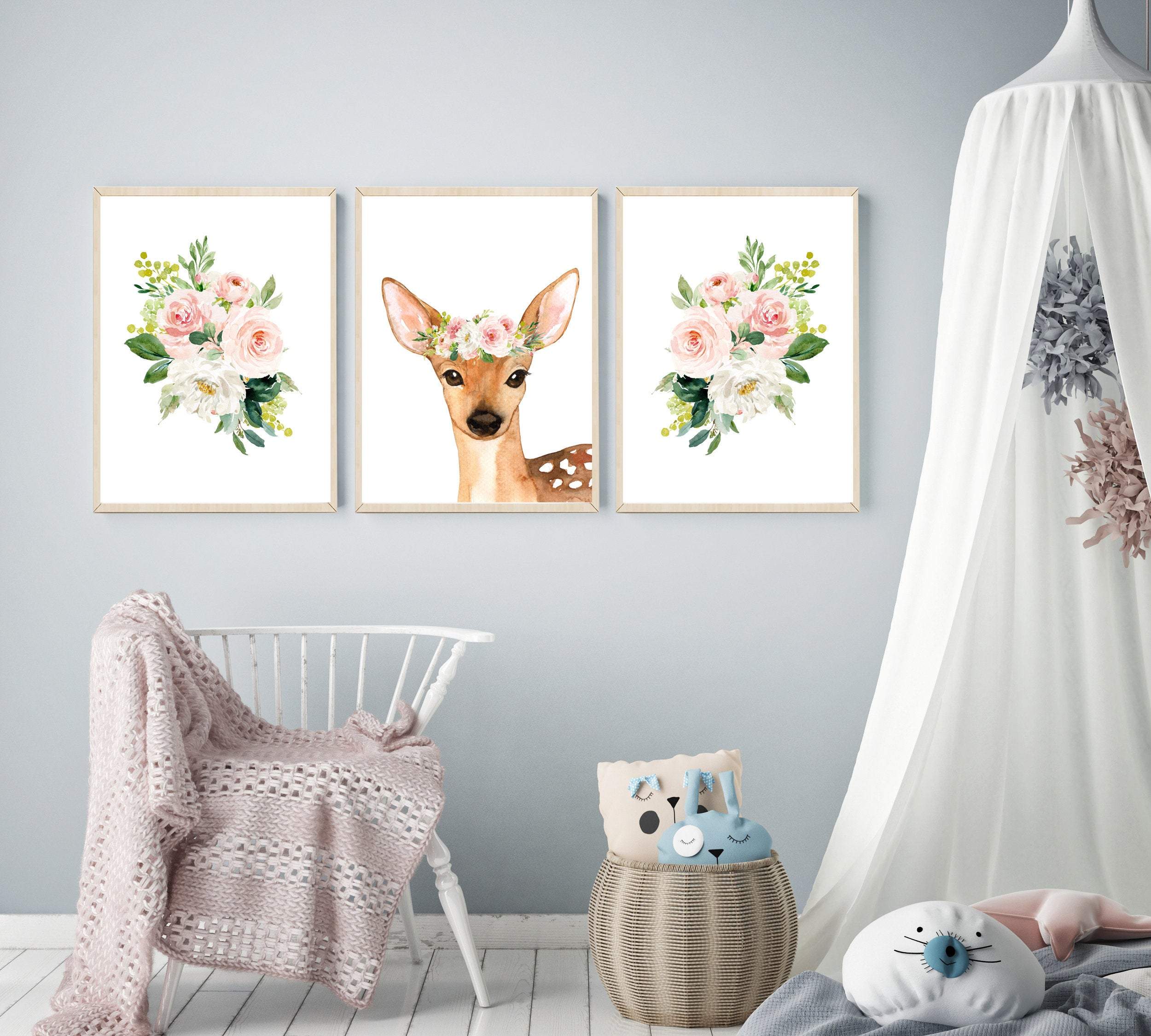 Nursery decor - Deer nursery print - nursery wall art - Flower crown - Baby girl nursery prints - Printable blush pink wall art - H2096 nursery art print baby nursery bedroom decor