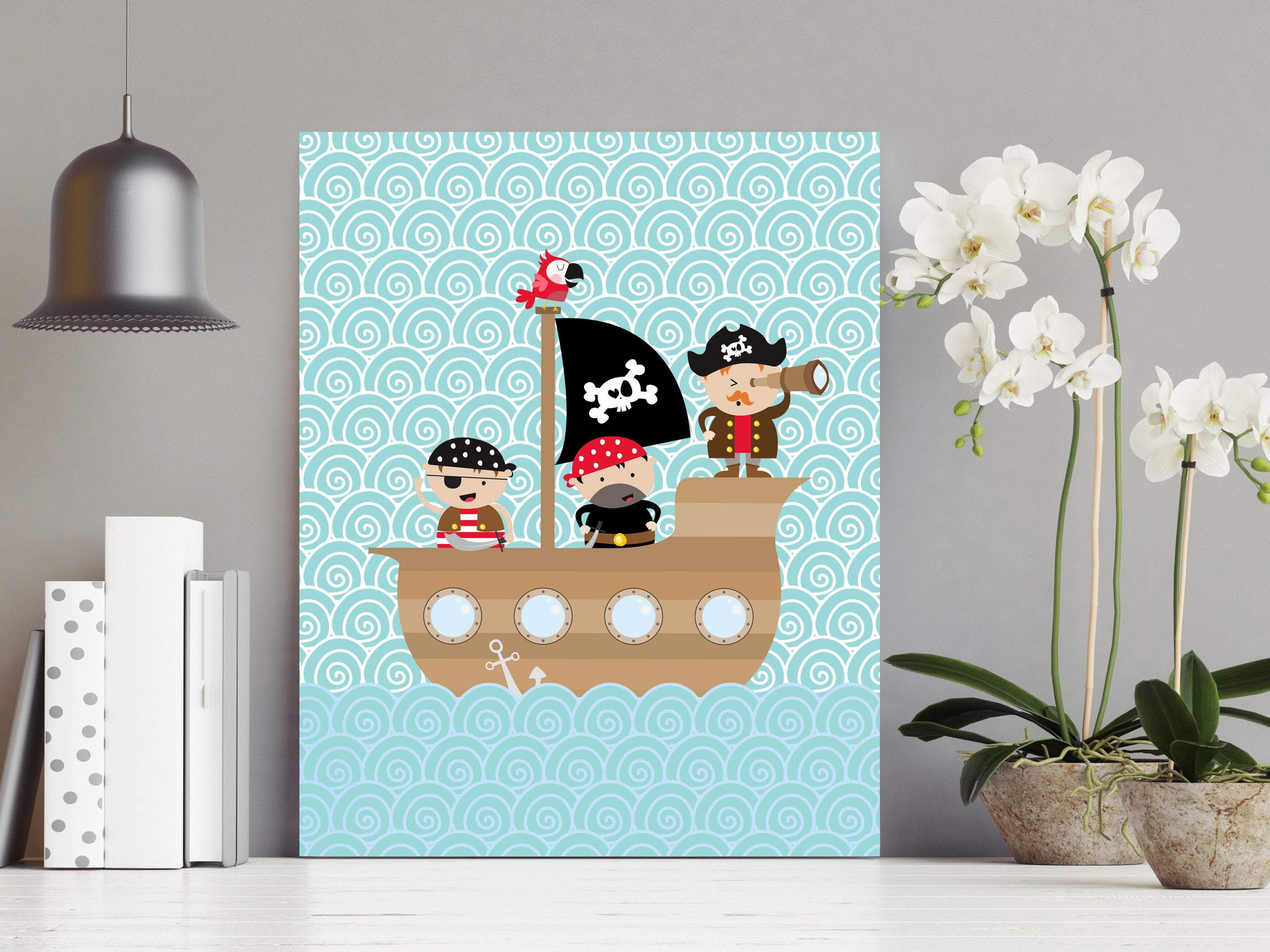 Pirates on a Pirate Ship Sailing nursery art print baby nursery bedroom decor